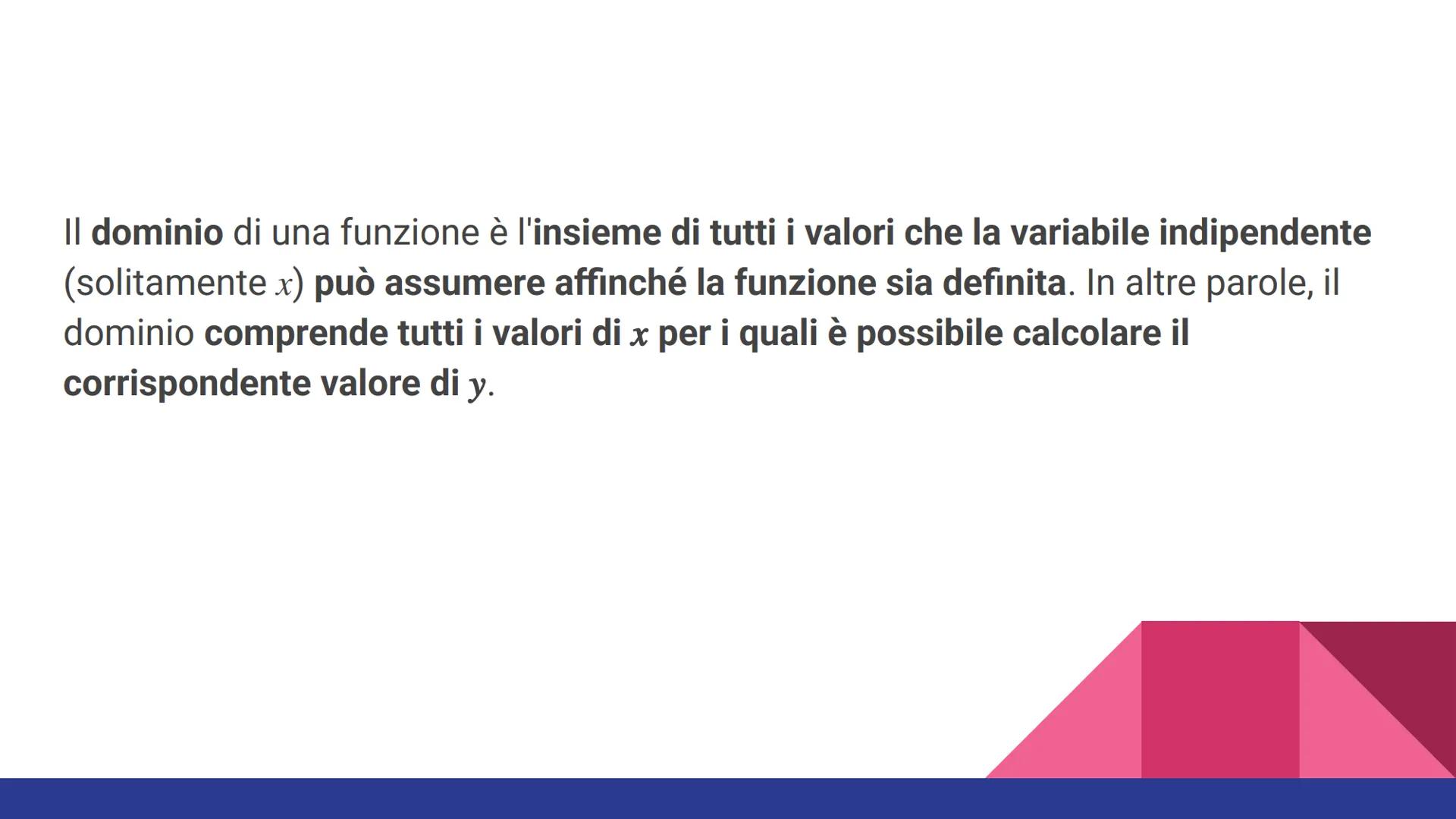 LE FUNZIONI DEFINIZIONE
Una funzione è una relazione che associa ad ogni elemento di un insieme
(DOMINIO) esattamente un unico elemento di u