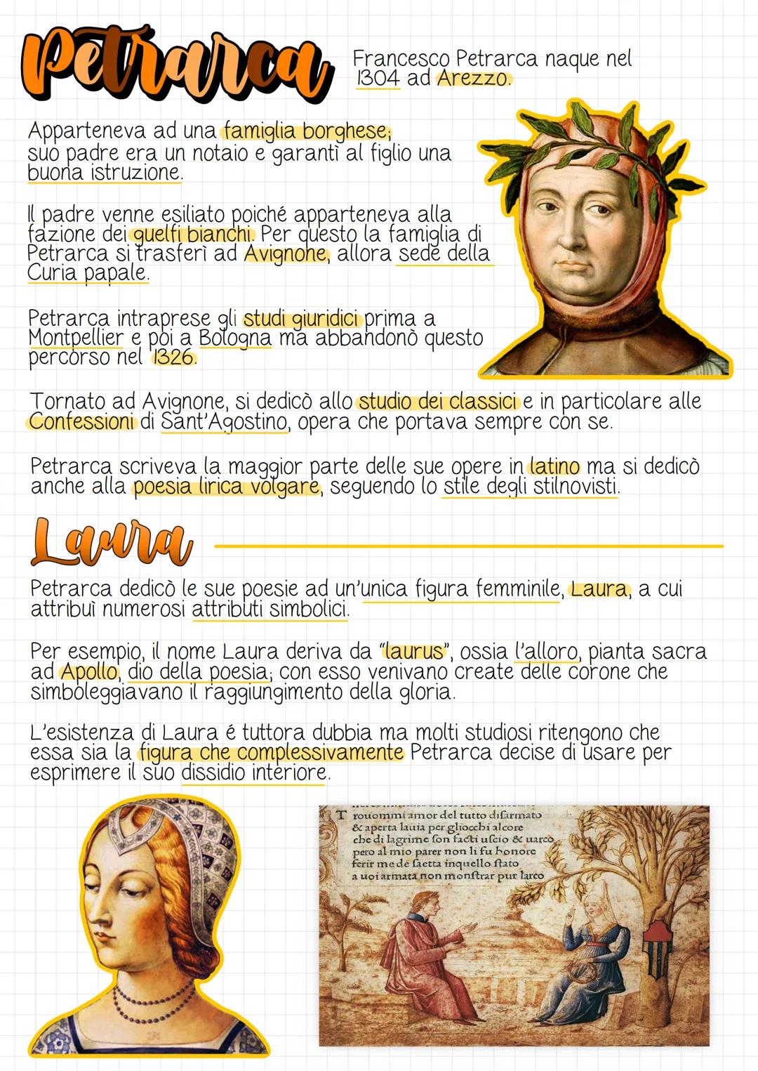 Petrarca
Apparteneva ad una famiglia borghese,
suo padre era un notaio e garantì al figlio una
buona istruzione.
Francesco Petrarca naque ne