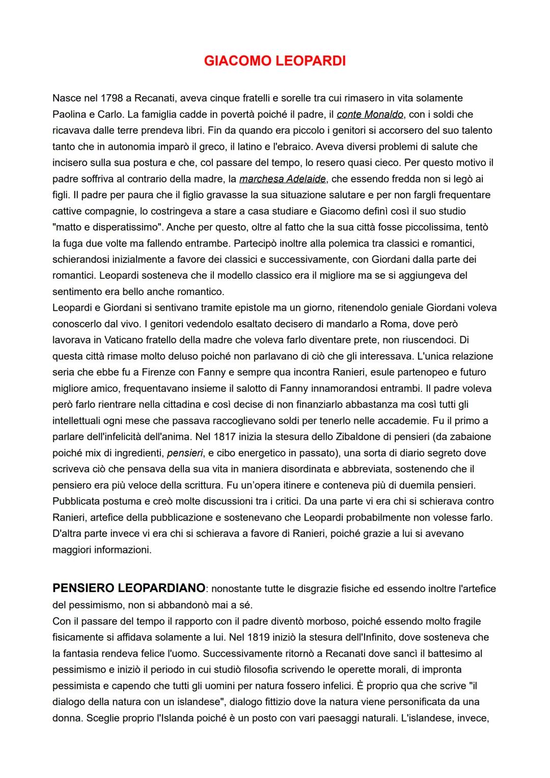 # GIACOMO LEOPARDI

Nasce nel 1798 a Recanati, aveva cinque fratelli e sorelle tra cui rimasero in vita solamente
Paolina e Carlo. La famigl