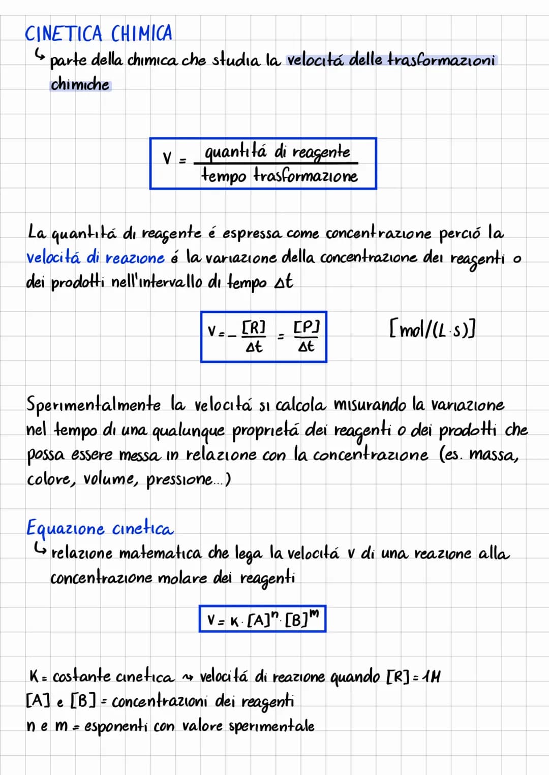 CINETICA CHIMICA
↳
parte della chimica che studia la velocità delle trasformazioni
chimiche
V = _quantità di reagente
tempo trasformazione
L