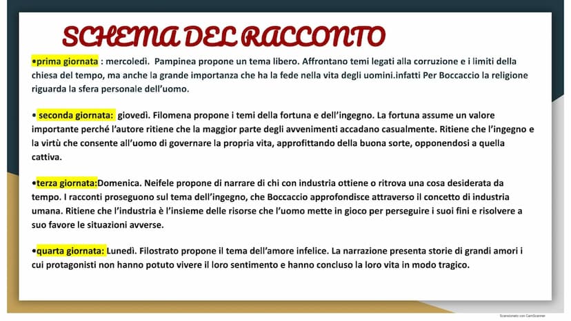 Il Decameron
Giovanni Boccaccio
11
Scansionato con CamScanner GIOVANNI BOCCACCIO (la vita)
Giovanni Boccaccio nasce in Toscana, a Firenze ne