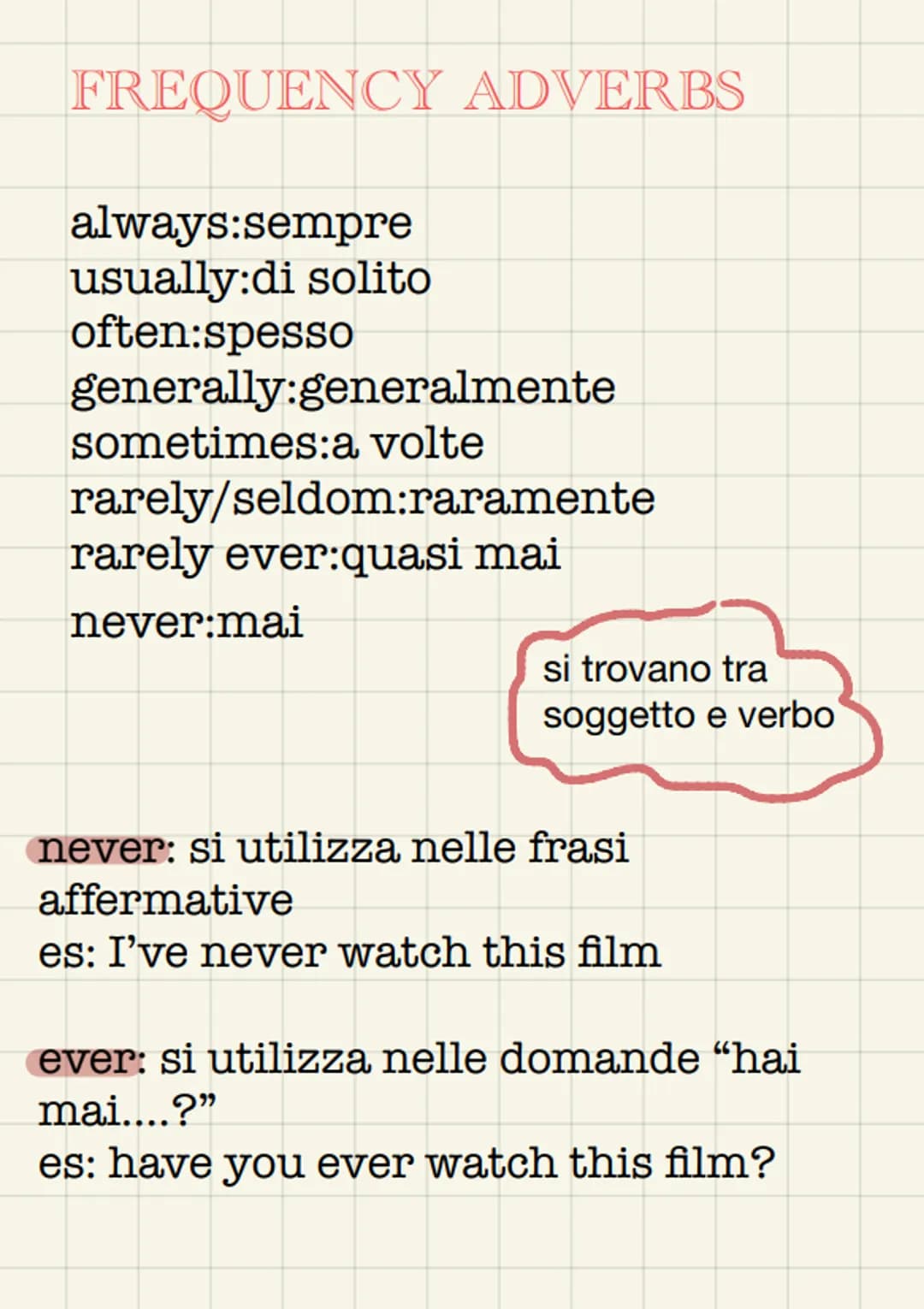 PRESENT SIMPLE
si usa:
-situazioni permanenti
-situazioni che accadono
regolarmente
-fatti veri
-eventi stabiliti da orari
AFFIRMATIVE FORM: