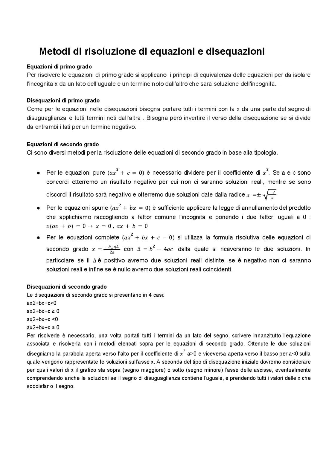 Metodi di risoluzione equazioni  e disequazioni 