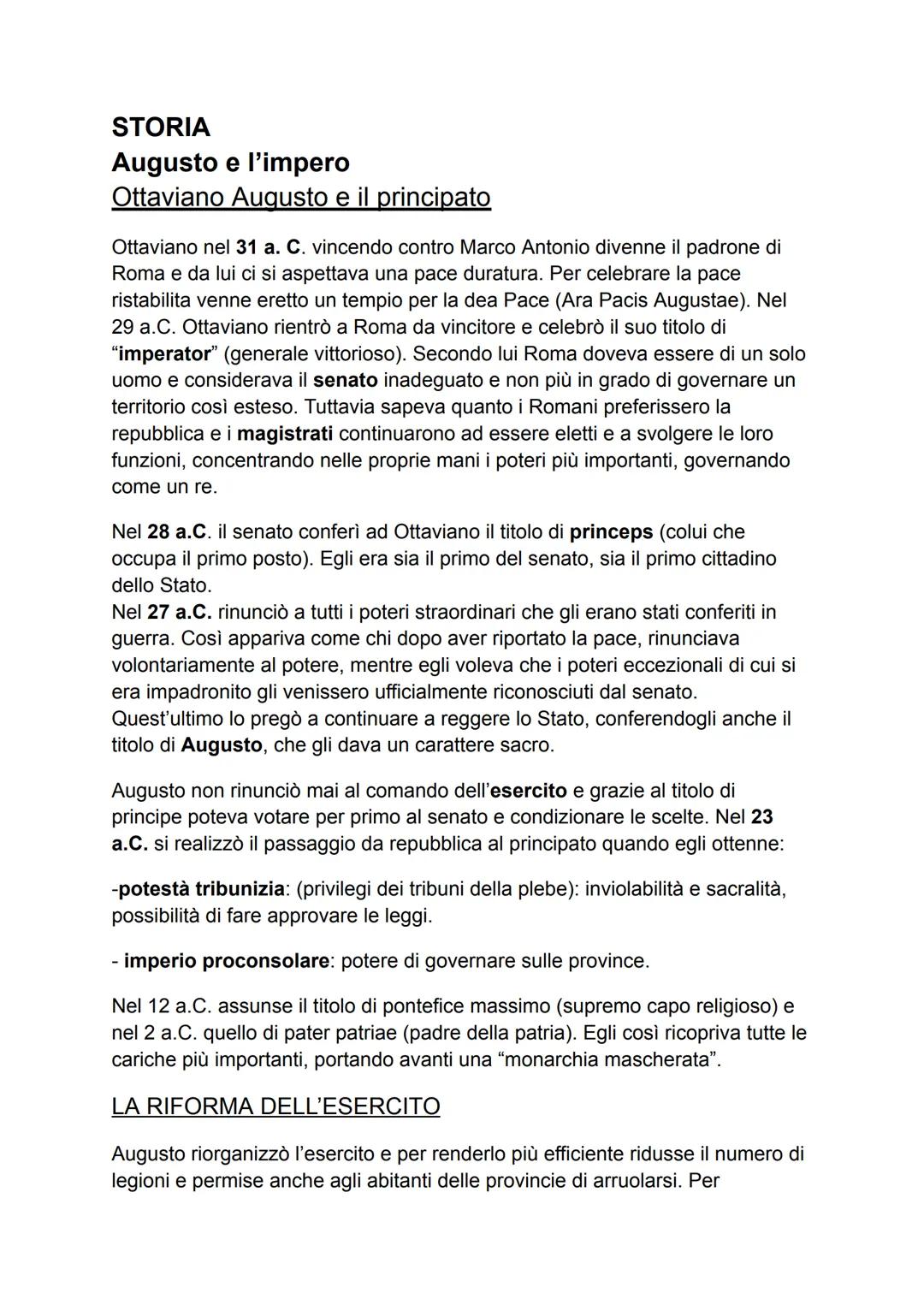 STORIA
Augusto e l'impero
Ottaviano Augusto e il principato
Ottaviano nel 31 a. C. vincendo contro Marco Antonio divenne il padrone di
Roma 