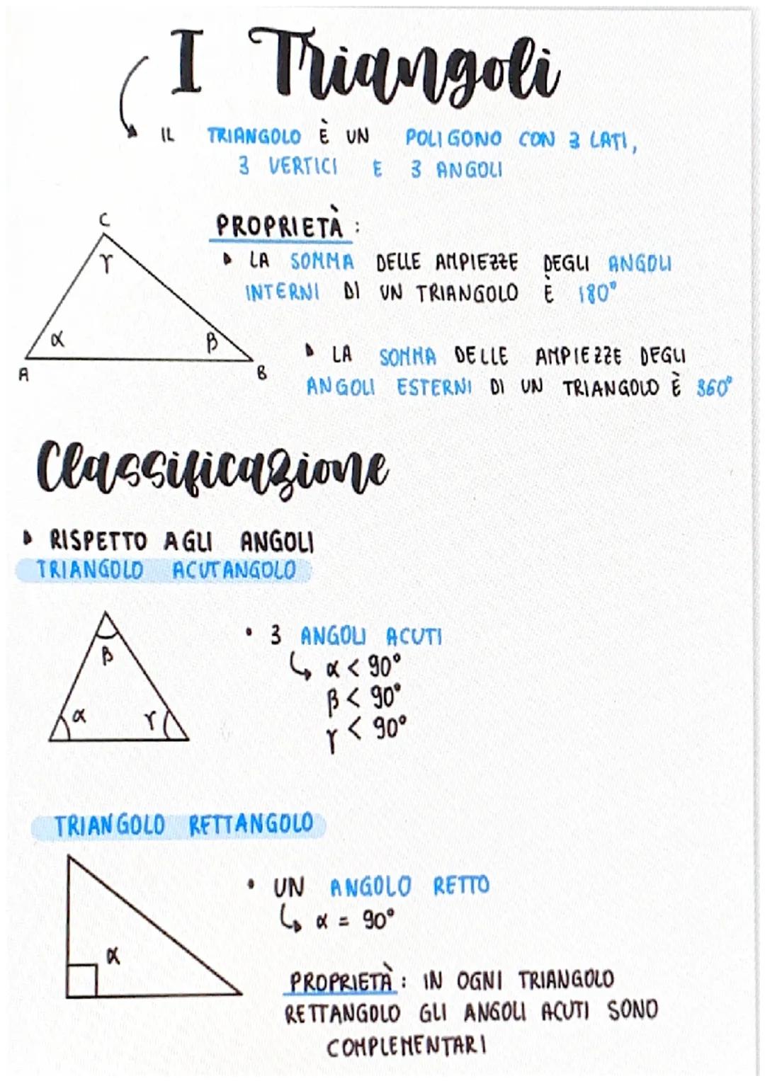 A
α
r
a
I Triangoli
TRIANGOLO È UN
Y
X
IL
3 VERTICI E 3 ANGOLI
Classificazione
▸ RISPETTO AGLI ANGOLI
TRIANGOLO ACUTANGOLO
PROPRIETA:
▸ LA S