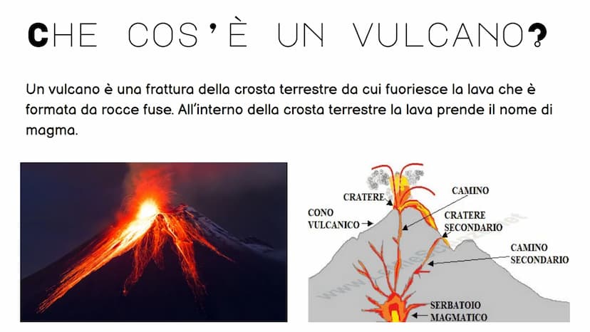 VULCANI E
TERREMOTI
Denisa E. CHE COS'È UN
UN VULCANO?
Un vulcano è una frattura della crosta terrestre da cui fuoriesce la lava che è
forma