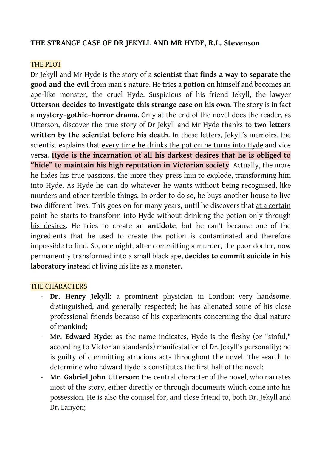 THE STRANGE CASE OF DR JEKYLL AND MR HYDE, R.L. Stevenson
THE PLOT
Dr Jekyll and Mr Hyde is the story of a scientist that finds a way to sep