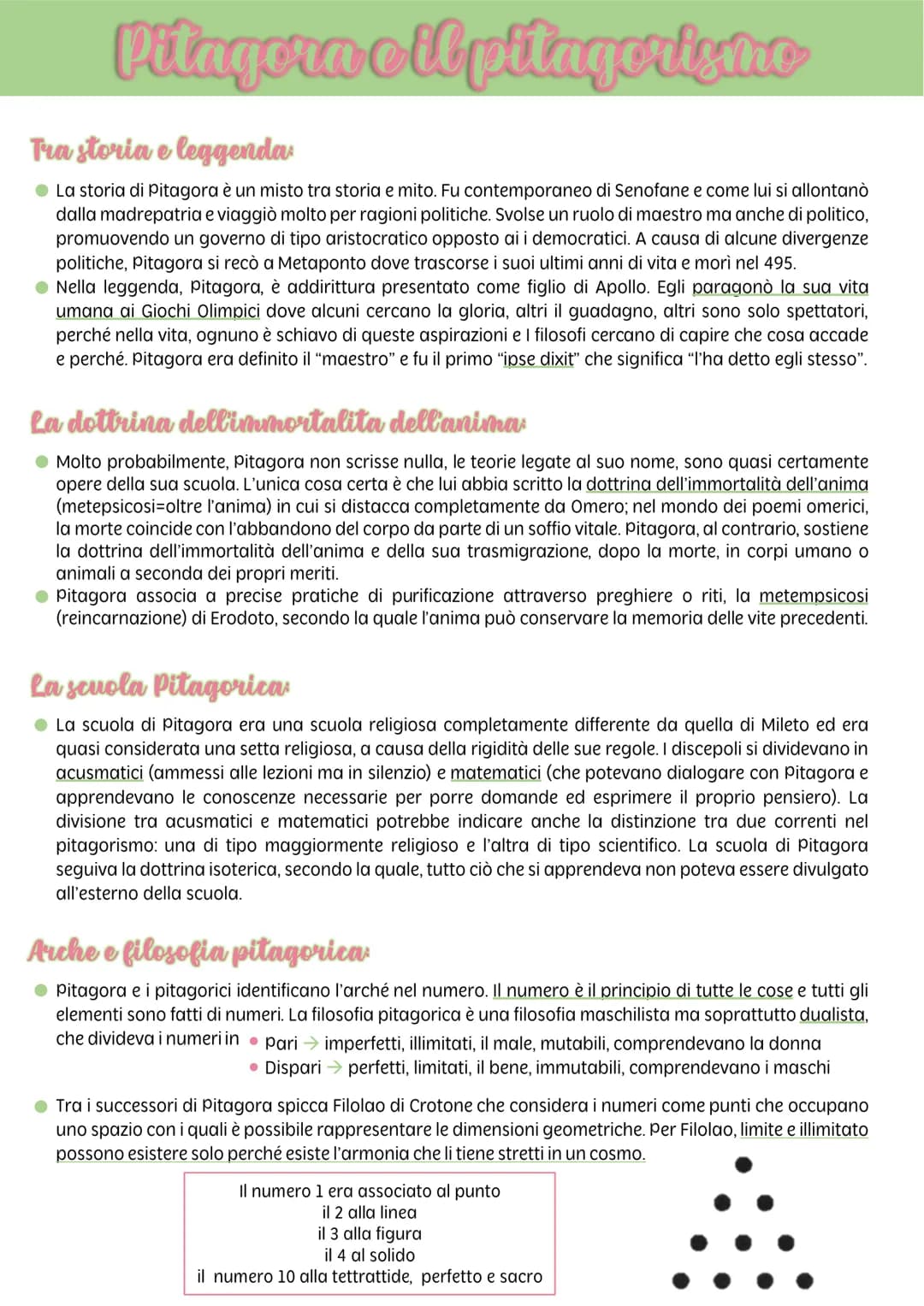 Pitagora e il pitagorisino
Tra storia e leggenda:
● La storia di Pitagora è un misto tra storia e mito. Fu contemporaneo di Senofane e come 