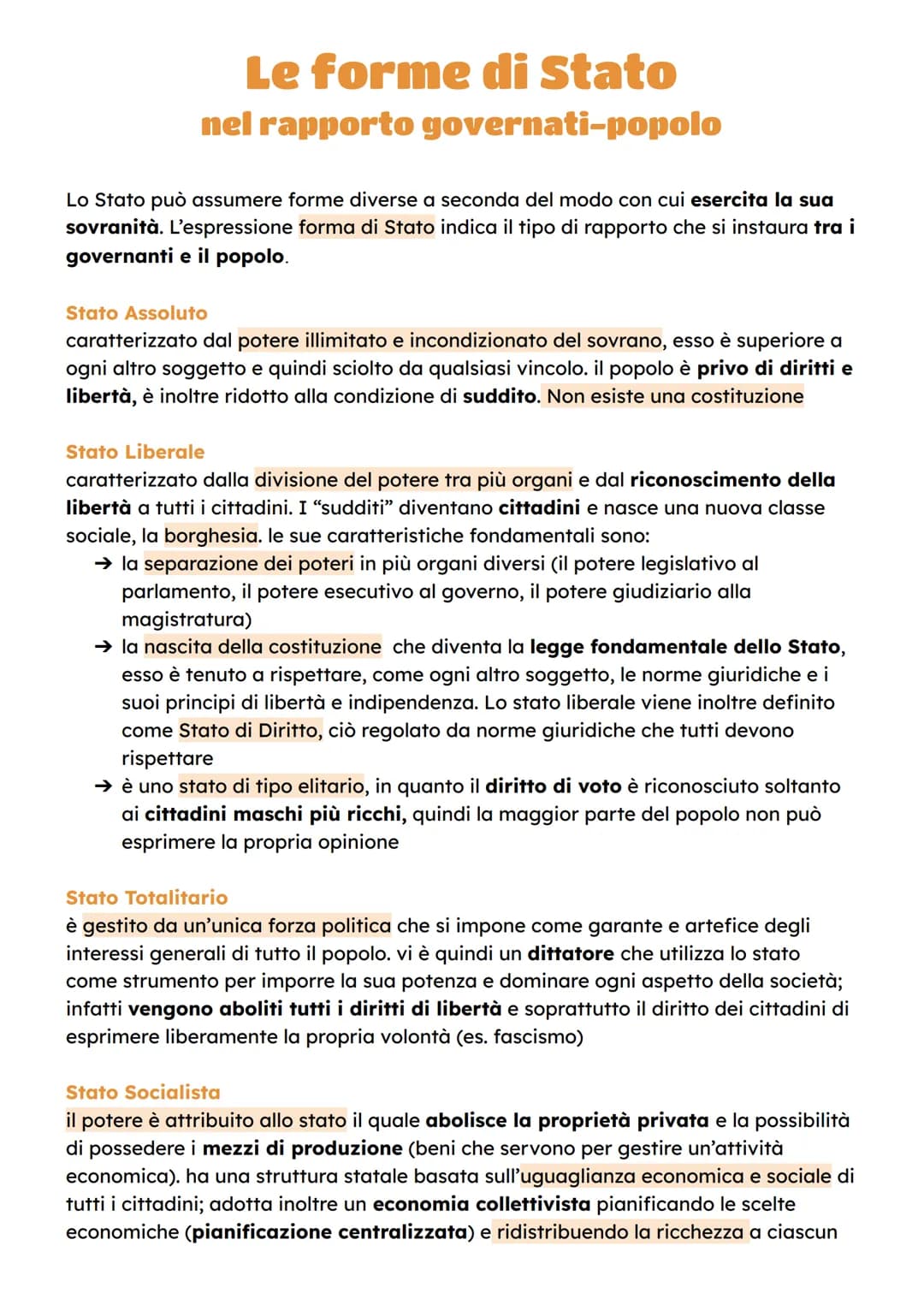 Le forme di Stato
nel rapporto governati-popolo
Lo Stato può assumere forme diverse a seconda del modo con cui esercita la sua
sovranità. L'