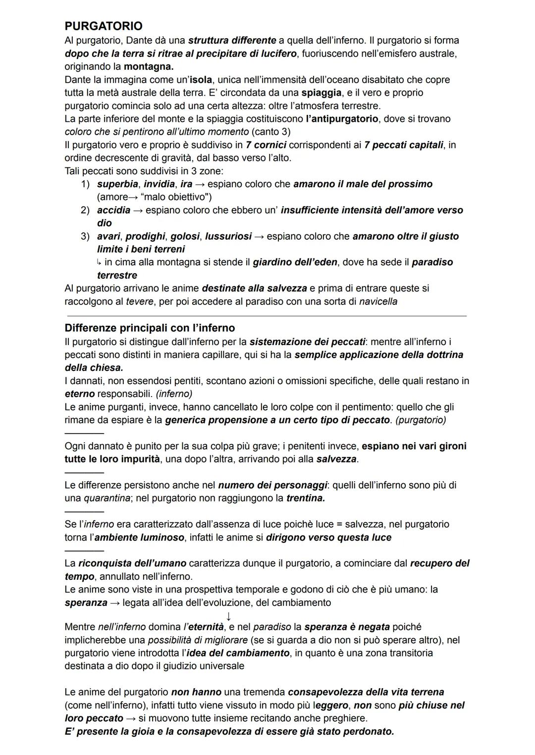 PURGATORIO
Al purgatorio, Dante dà una struttura differente a quella dell'inferno. Il purgatorio si forma
dopo che la terra si ritrae al pre