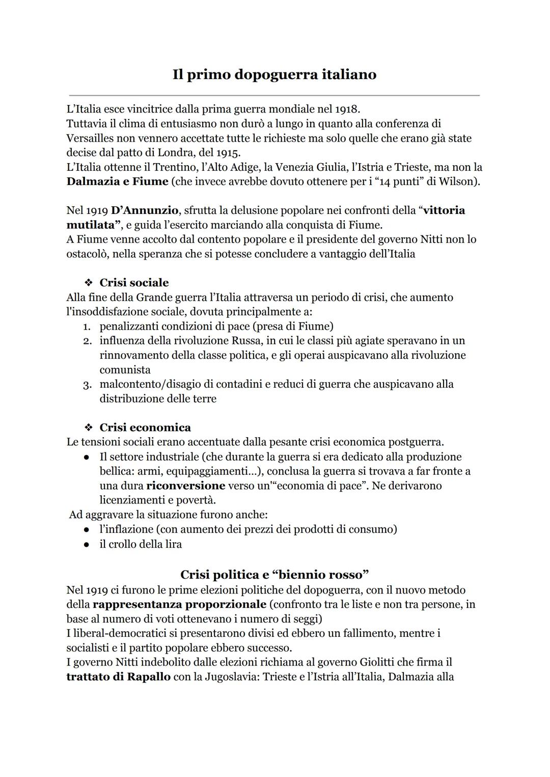 # Il primo dopoguerra italiano

L'Italia esce vincitrice dalla prima guerra mondiale nel 1918.
Tuttavia il clima di entusiasmo non durò a lu