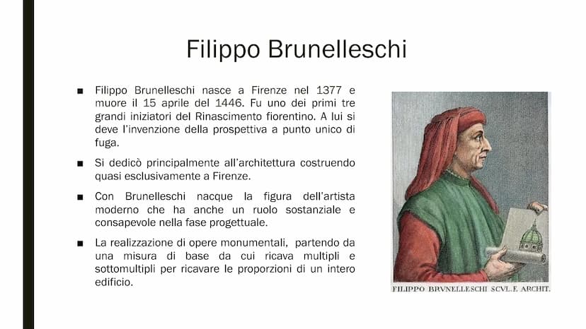IL RINASCIMENTO
FIORENTINO Filippo Brunelleschi
Filippo Brunelleschi nasce a Firenze nel 1377 e
muore il 15 aprile del 1446. Fu uno dei prim