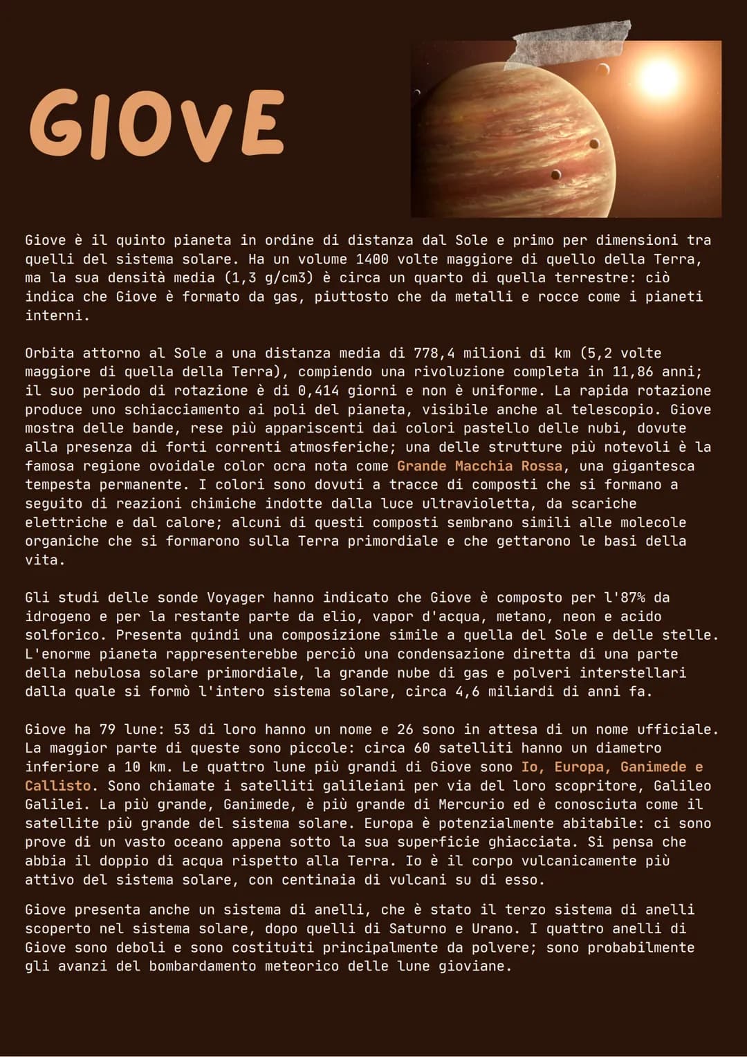 
<p>Giove è il quinto pianeta in ordine di distanza dal Sole e il primo per dimensioni nel sistema solare. Ha un volume 1400 volte maggiore 