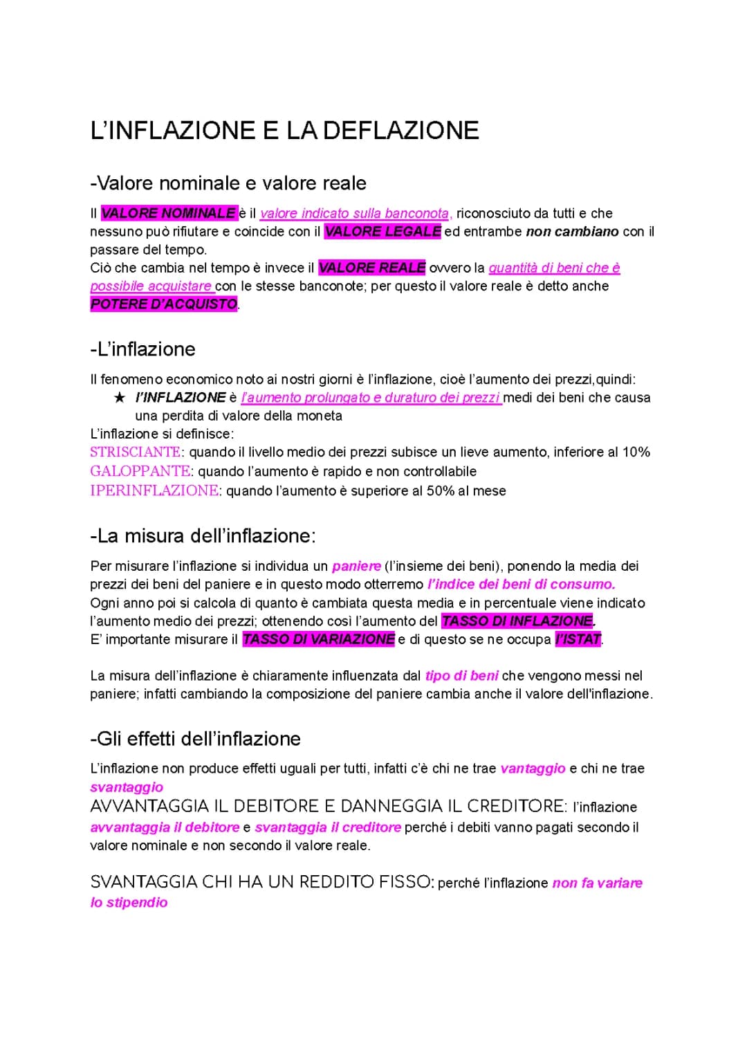 L'INFLAZIONE E LA DEFLAZIONE