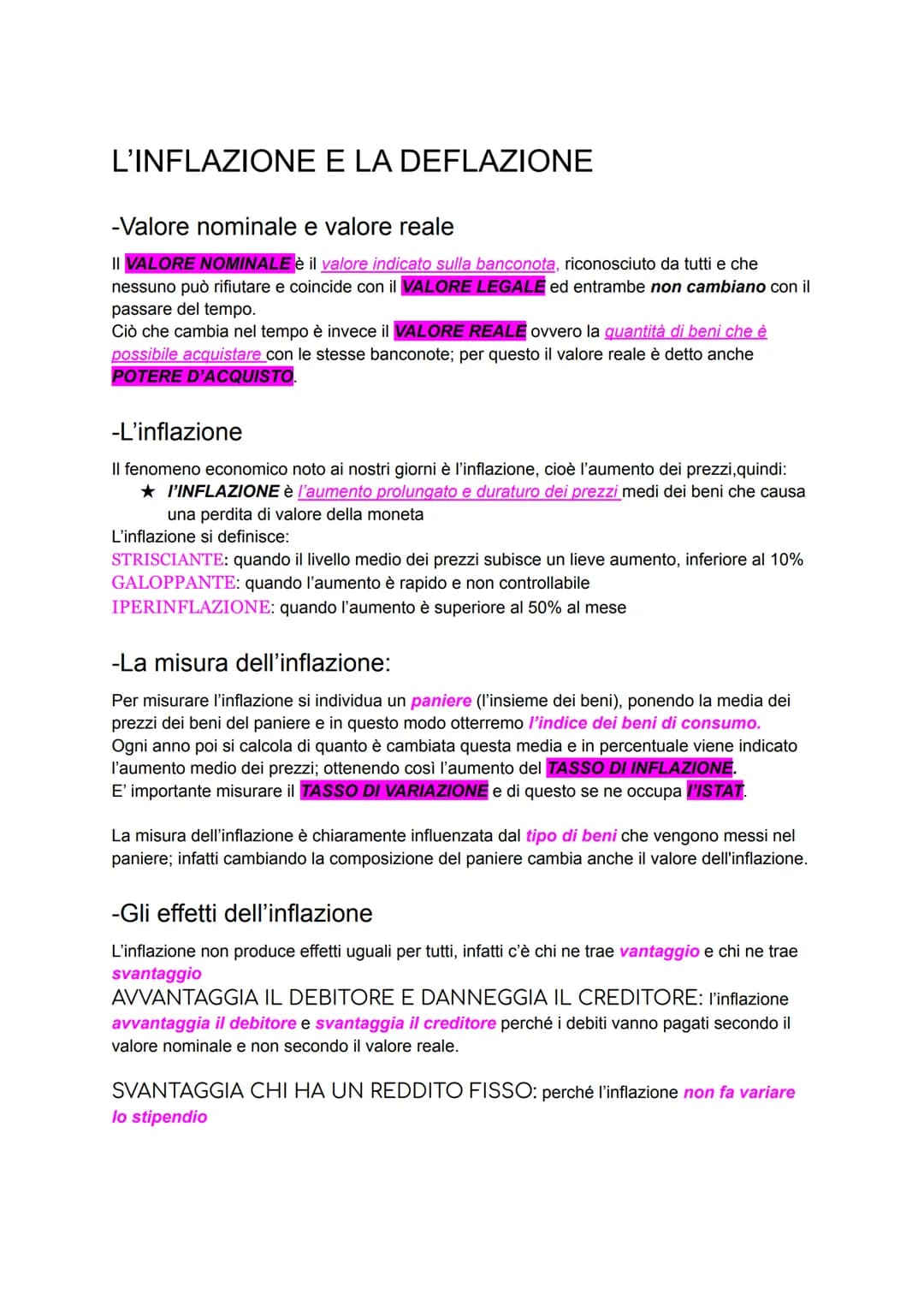 L'INFLAZIONE E LA DEFLAZIONE
-Valore nominale e valore reale
II VALORE NOMINALE è il valore indicato sulla banconota, riconosciuto da tutti 