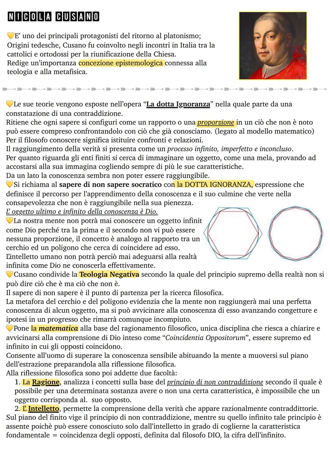 NICOLA CUSANO
E' uno dei principali protagonisti del ritorno al platonismo;
Origini tedesche, Cusano fu coinvolto negli incontri in Italia t