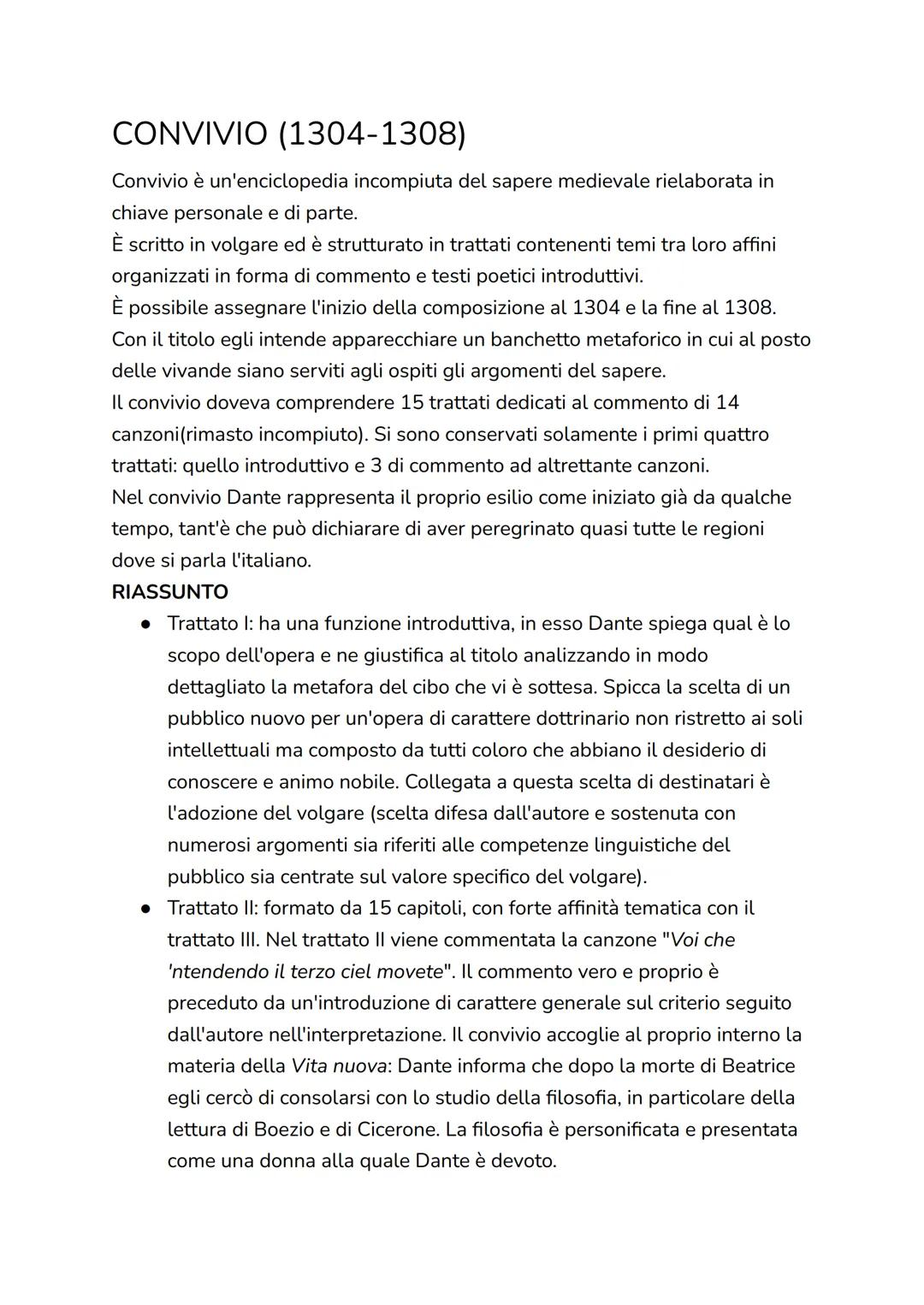 CONVIVIO (1304-1308)
Convivio è un'enciclopedia incompiuta del sapere medievale rielaborata in
chiave personale e di parte.
È scritto in vol