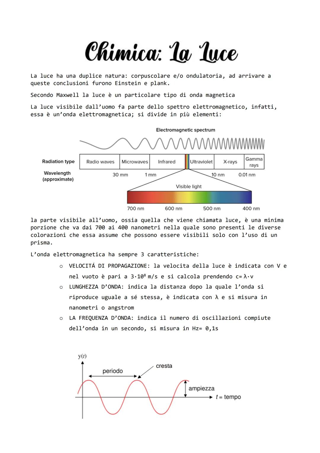 # Chimica: La Luce

La luce ha una duplice natura: corpuscolare e/o ondulatoria, ad arrivare a
queste conclusioni furono Einstein e plank.

