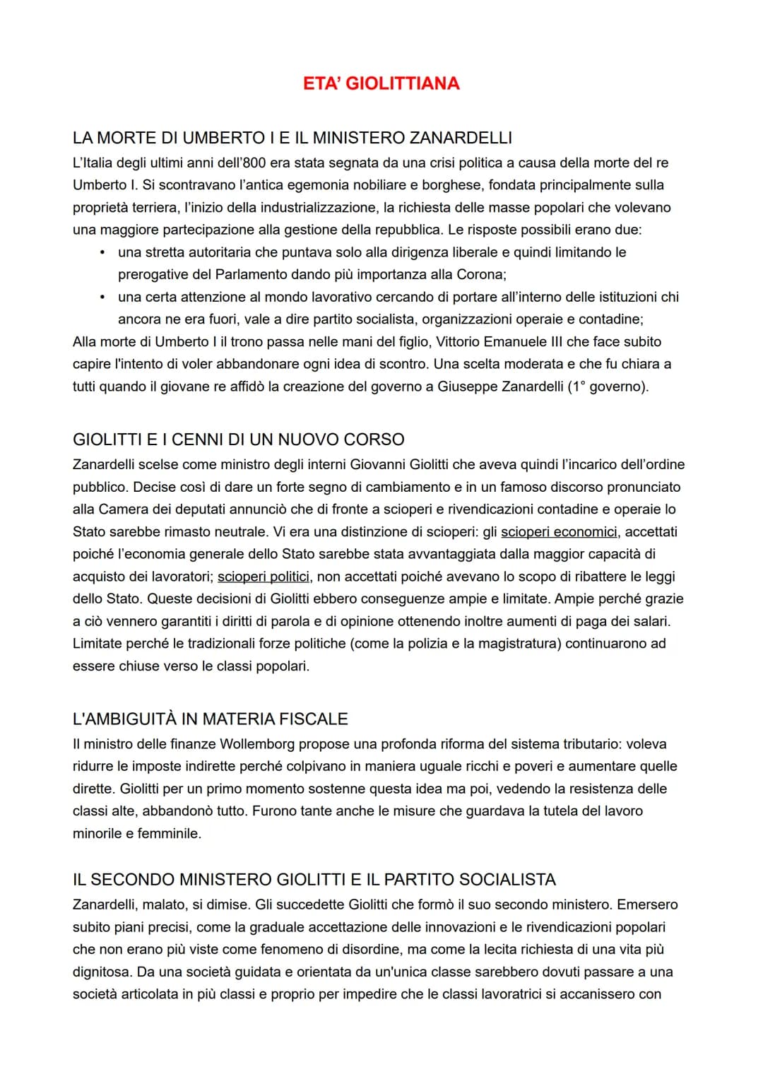 ETA' GIOLITTIANA
LA MORTE DI UMBERTO I E IL MINISTERO ZANARDELLI
L'Italia degli ultimi anni dell'800 era stata segnata da una crisi politica