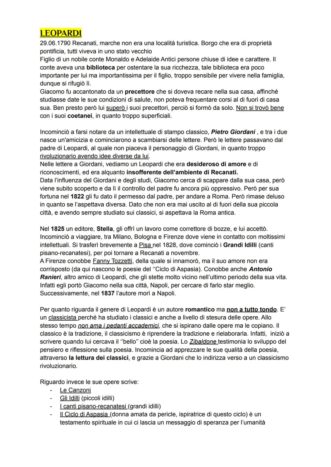 LEOPARDI
29.06.1790 Recanati, marche non era una località turistica. Borgo che era di proprietà
pontificia, tutti viveva in uno stato vecchi