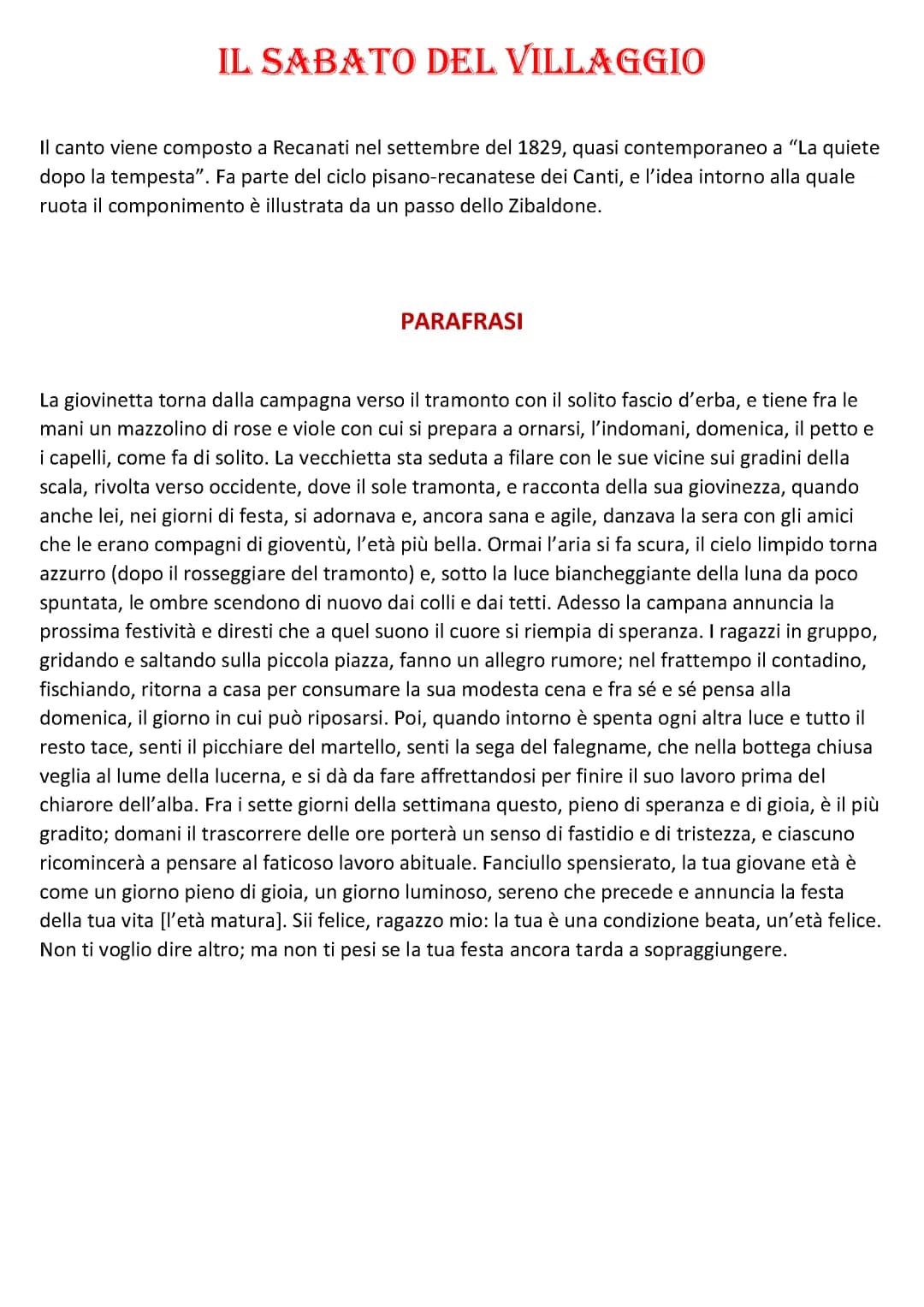 Il sabato del villaggio: Analisi, Parafrasi e Figure Retoriche