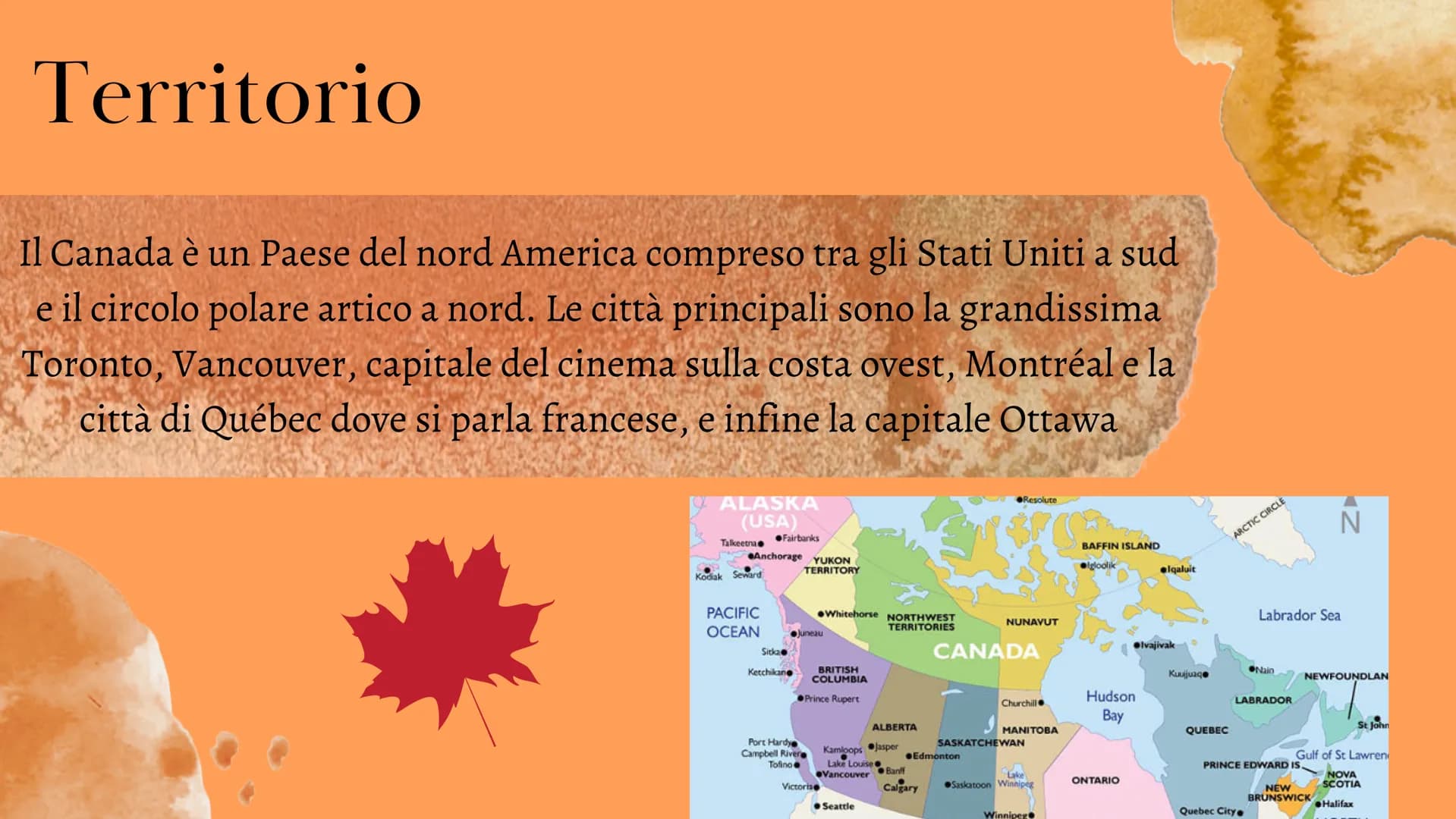 Canada Territorio
Il Canada è un Paese del nord America compreso tra gli Stati Uniti a sud
e il circolo polare artico a nord. Le città princ