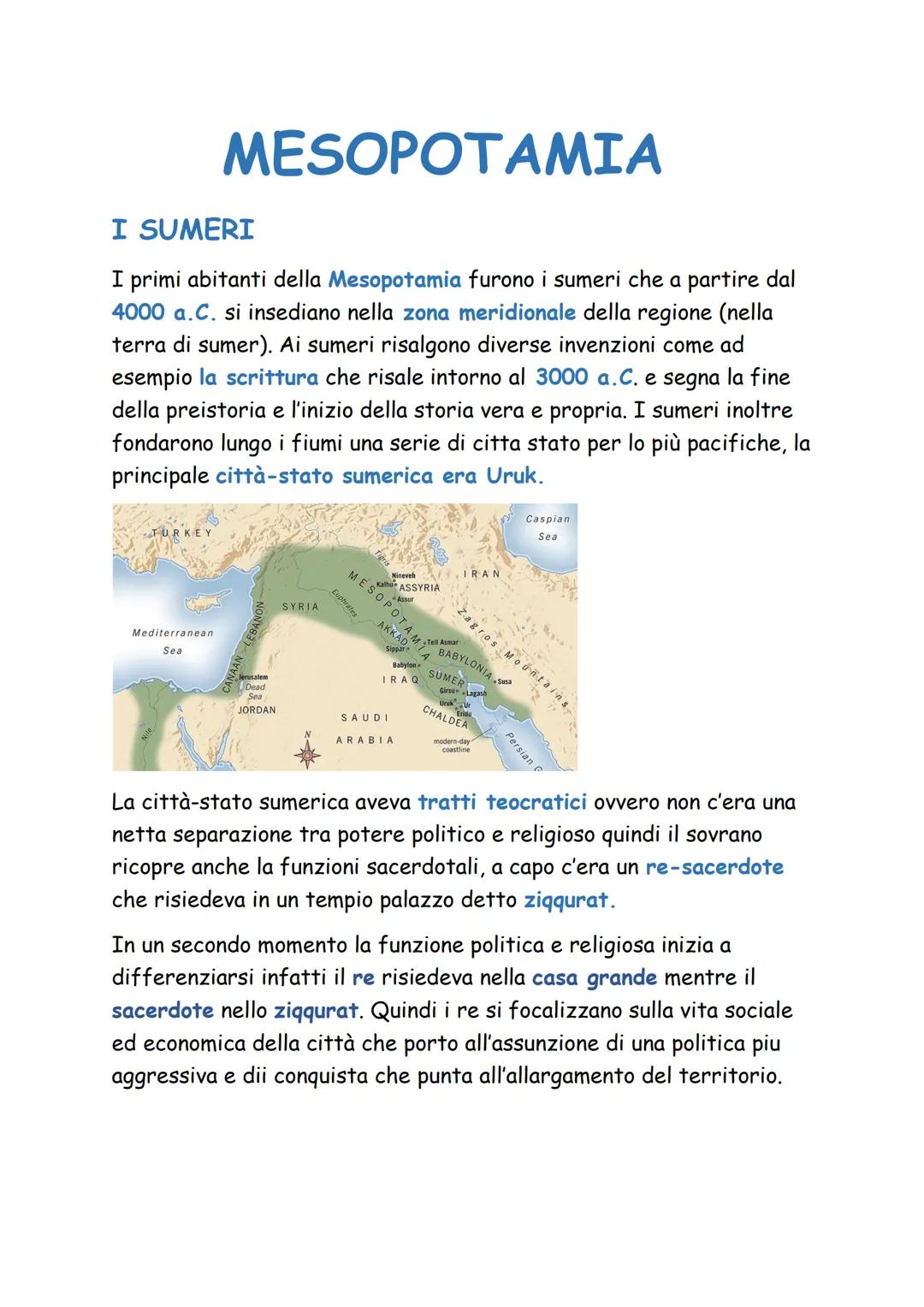 I SUMERI
I primi abitanti della Mesopotamia furono i sumeri che a partire dal
4000 a.C. si insediano nella zona meridionale della regione (n