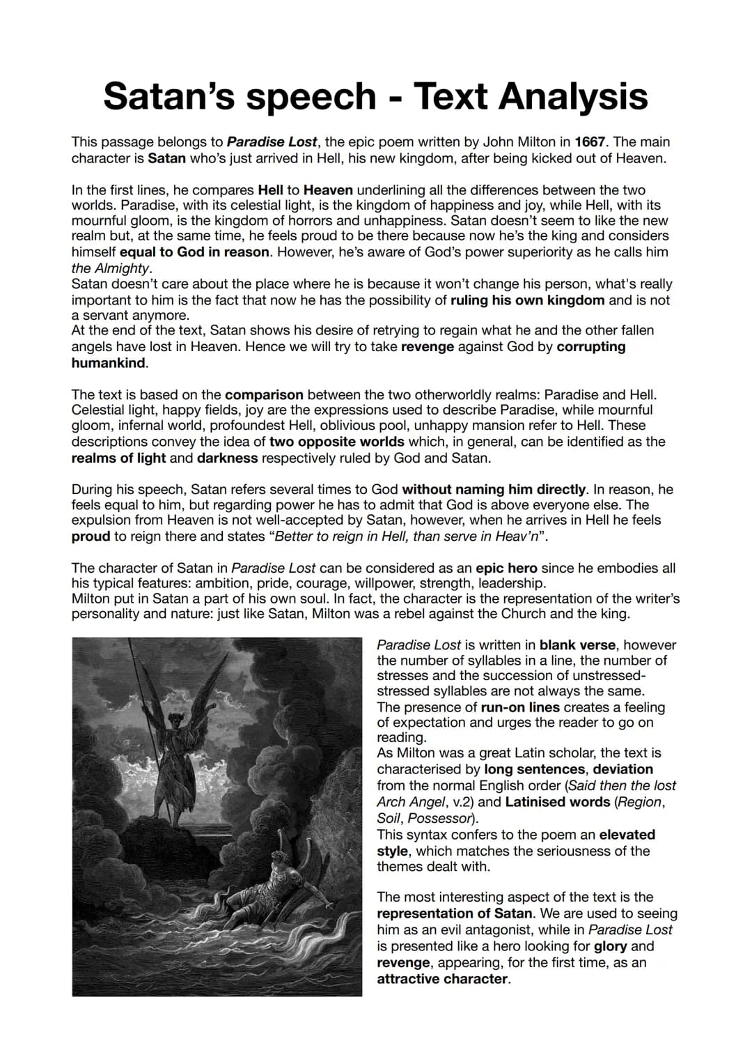 Satan's speech - Text Analysis
This passage belongs to Paradise Lost, the epic poem written by John Milton in 1667. The main
character is Sa