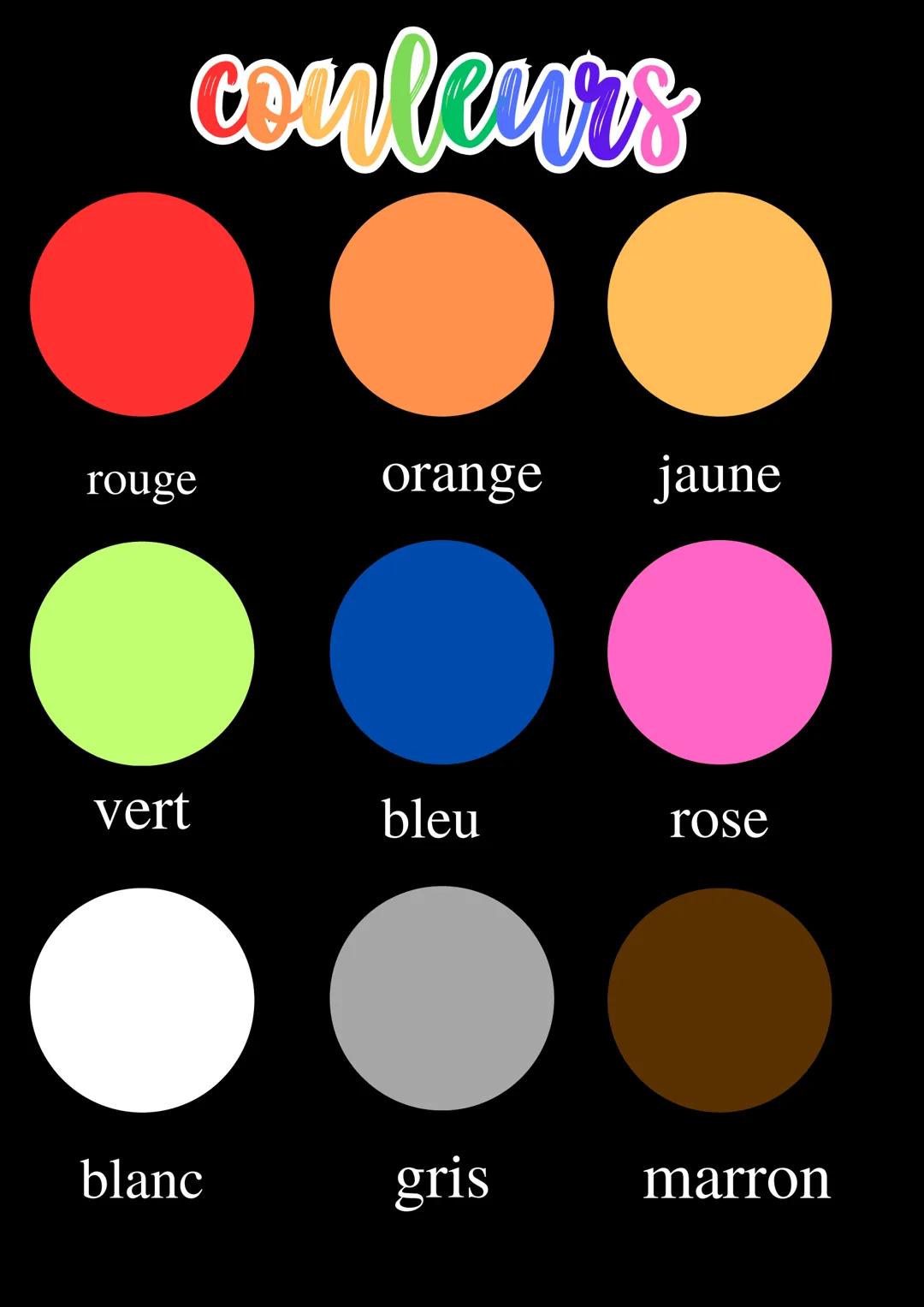 # couleurs

rouge
orange
jaune

vert
bleu
rose

blanc
gris
marron
