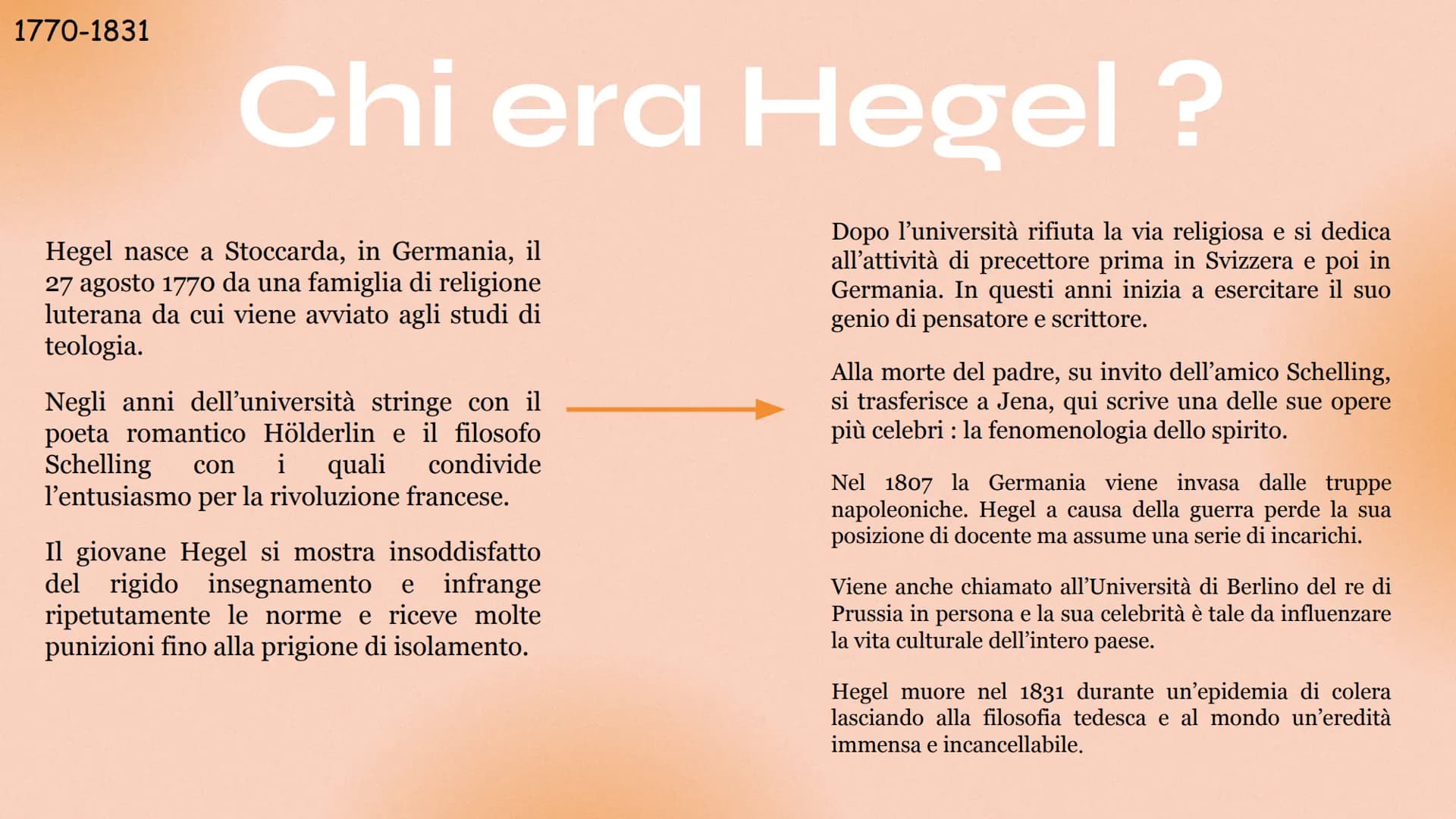 Tutto quello
che devi sapere
su Hegel
DD 1770-1831
Chi era Hegel ?
Hegel nasce a Stoccarda, in Germania, il
27 agosto 1770 da una famiglia d