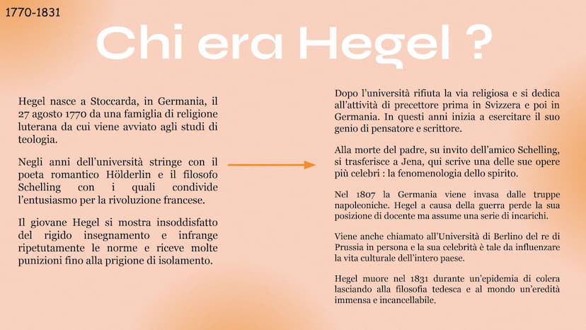 Tutto quello
che devi sapere
su Hegel
DD 1770-1831
Chi era Hegel ?
Hegel nasce a Stoccarda, in Germania, il
27 agosto 1770 da una famiglia d