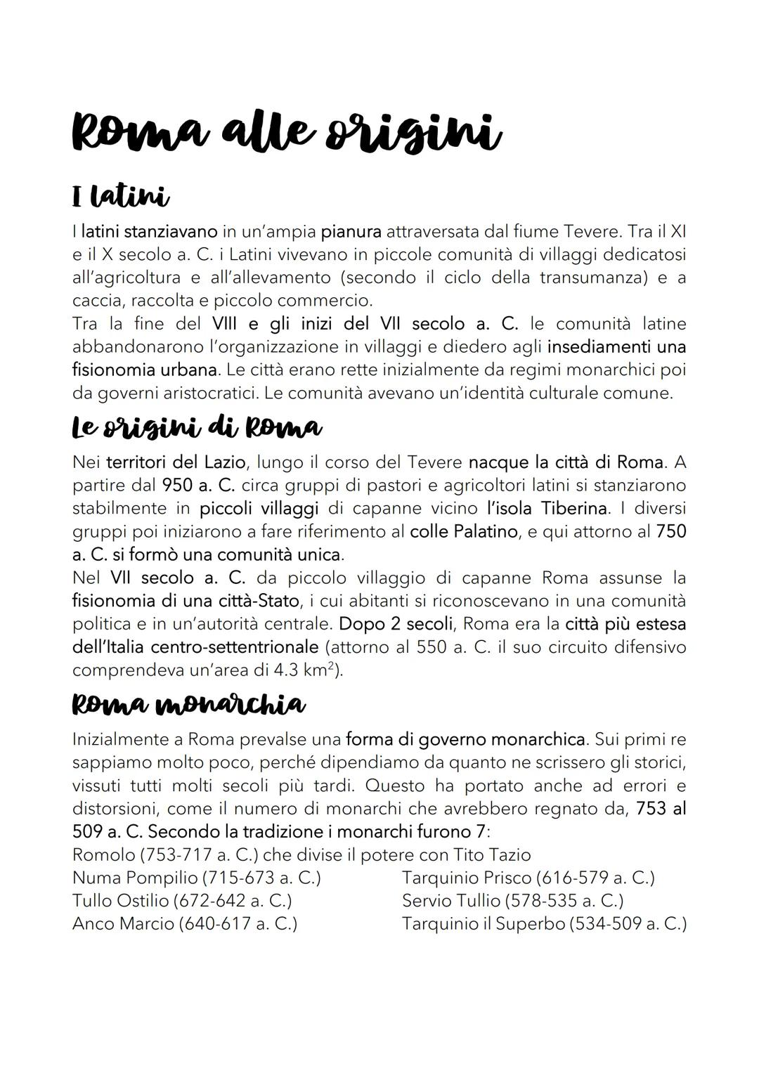Roma alle origini
I latini
I latini stanziavano in un'ampia pianura attraversata dal fiume Tevere. Tra il XI
e il X secolo a. C. i Latini vi