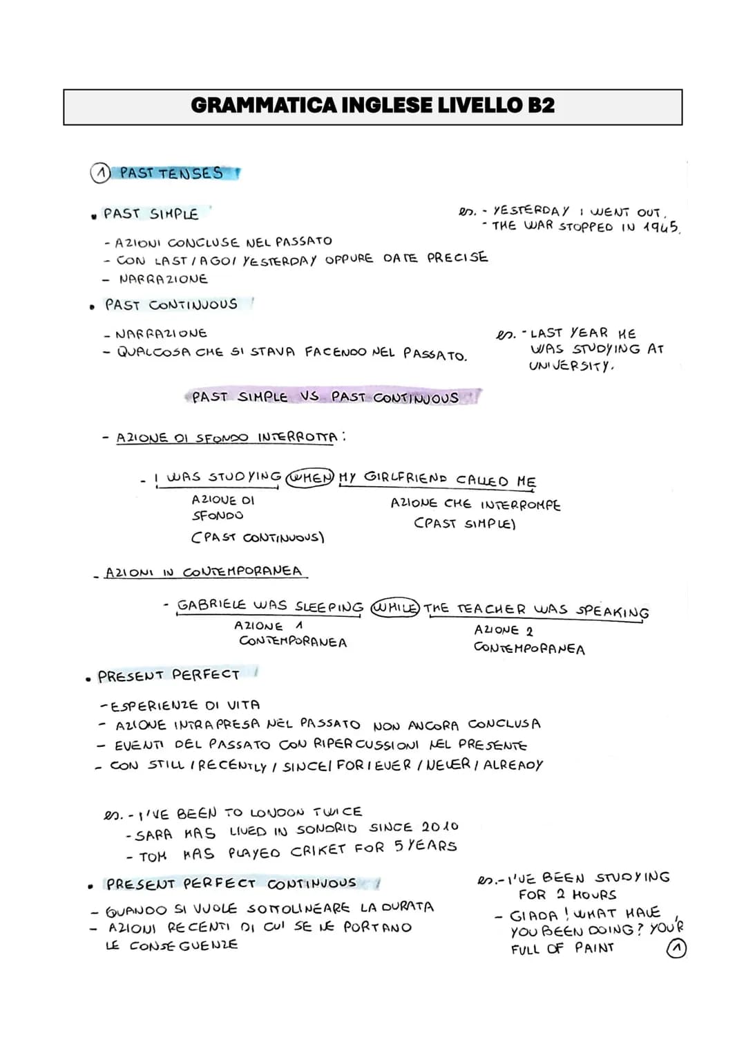 GRAMMATICA INGLESE LIVELLO B2
1 PAST TENSES
PAST SIMPLE
- AZIONI CONCLUSE NEL PASSATO
es. YESTERDAY I WENT OUT,
-THE WAR STOPPED IN 1945.
- 