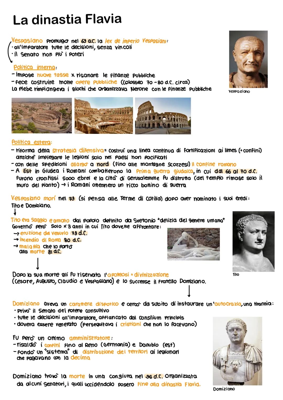 La dinastia Flavia
Vespasiano promulgo nel 69 a.c. la lex de imperio Vespasiani:
all'imparatore tutte le decisioni, senza vincoli
il Senato 