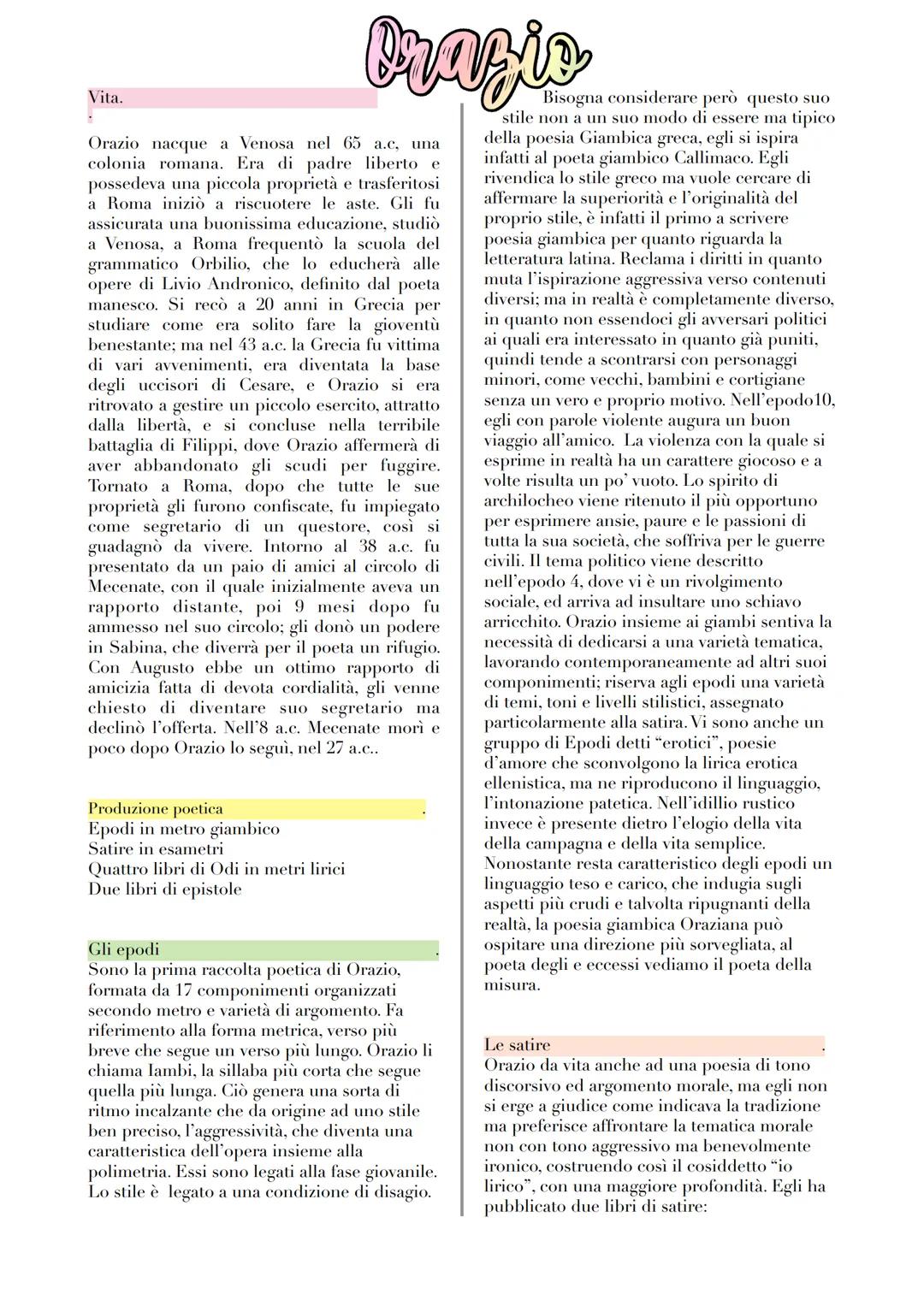 # Orazio

Vita.

Orazio nacque a Venosa nel 65 a.c, una
colonia romana. Era di padre liberto e
possedeva una piccola proprietà e trasferitos