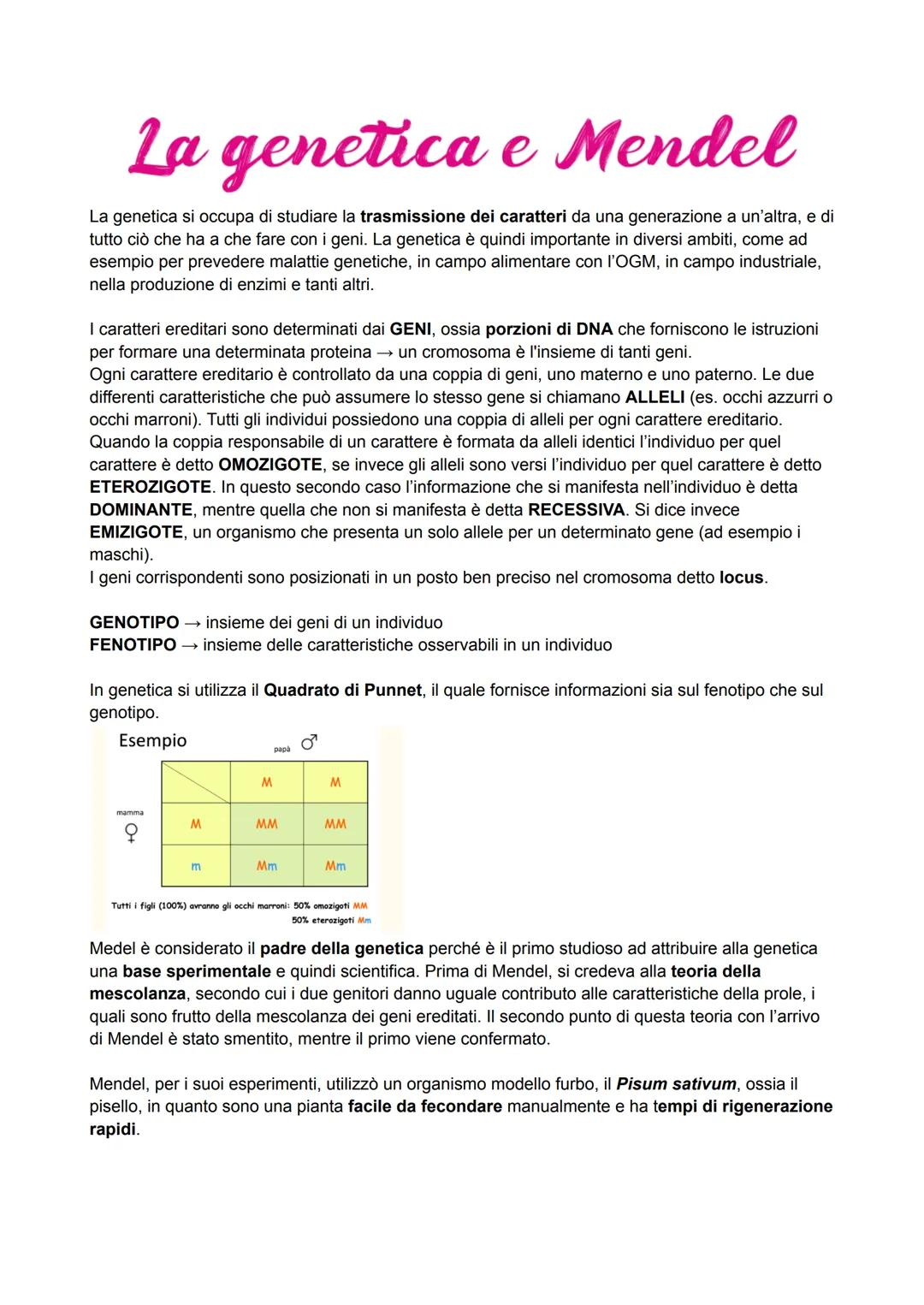 # La genetica e Mendel

La genetica si occupa di studiare la trasmissione dei caratteri da una generazione a un'altra, e di
tutto ciò che ha