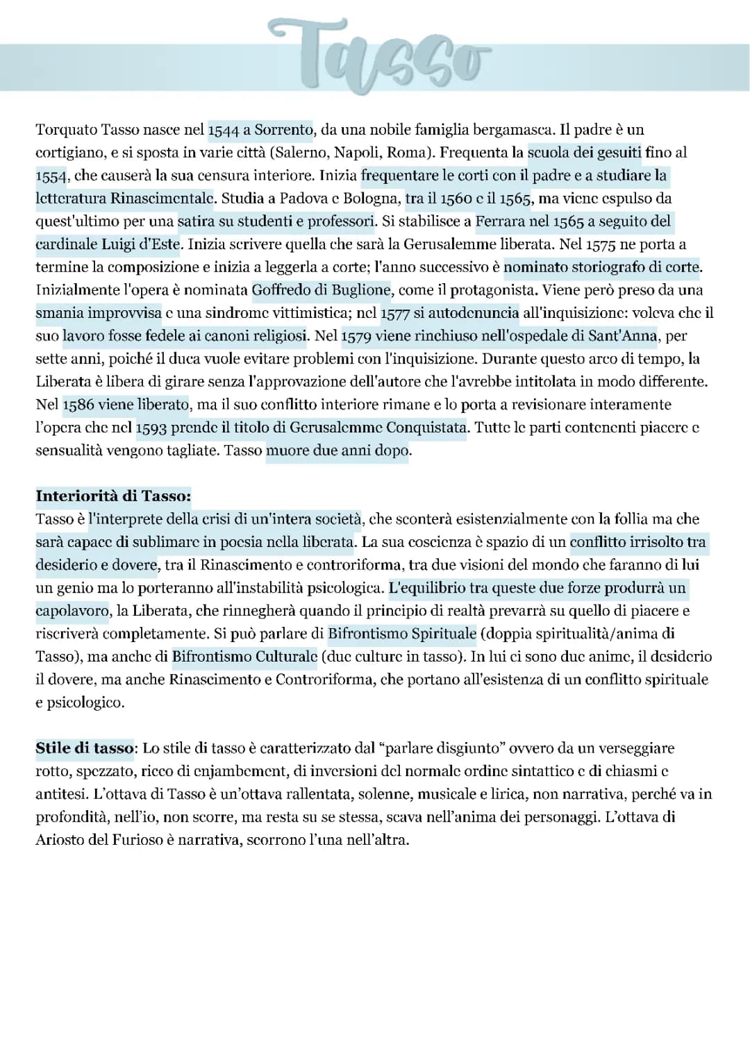 Torquato Tasso, Gerusalemme Liberata e il Manierismo - Trama, Caratteristiche e Analisi PDF