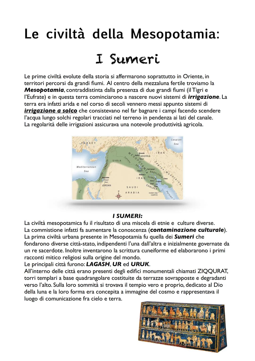 
<h2 id="isumeri">I Sumeri</h2>
<p>Le prime civiltà evolute della storia si affermarono soprattutto in Oriente, in territori percorsi da gra