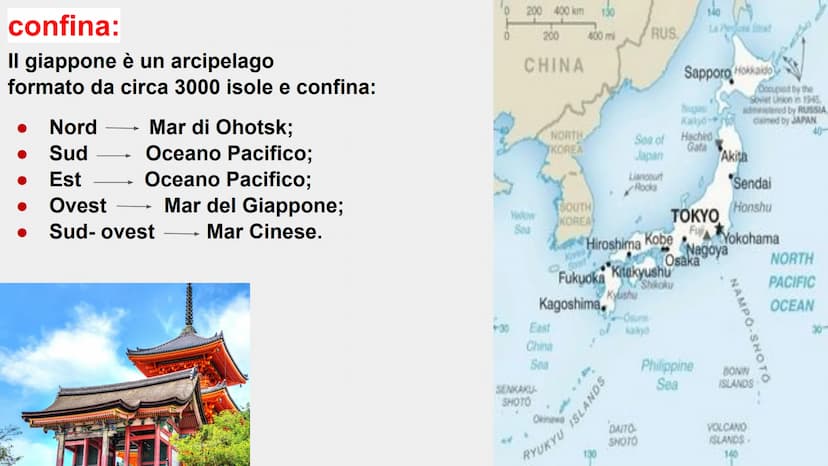 Giappone
PRATITE confina:
Il giappone è un arcipelago
formato da circa 3000 isole e confina:
●
Nord
Sud
Est
Ovest
Sud-ovest
→
➜
Mar di Ohots