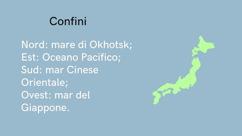 vvv
Giappone Confini
Nord: mare di Okhotsk;
Est: Oceano Pacifico;
Sud: mar Cinese
Orientale;
Ovest: mar del
Giappone. WI
Territorio
Montagne