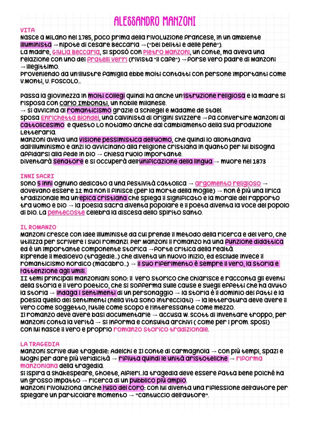 Alessandro Manzoni e il Romanticismo - Riassunti e Appunti