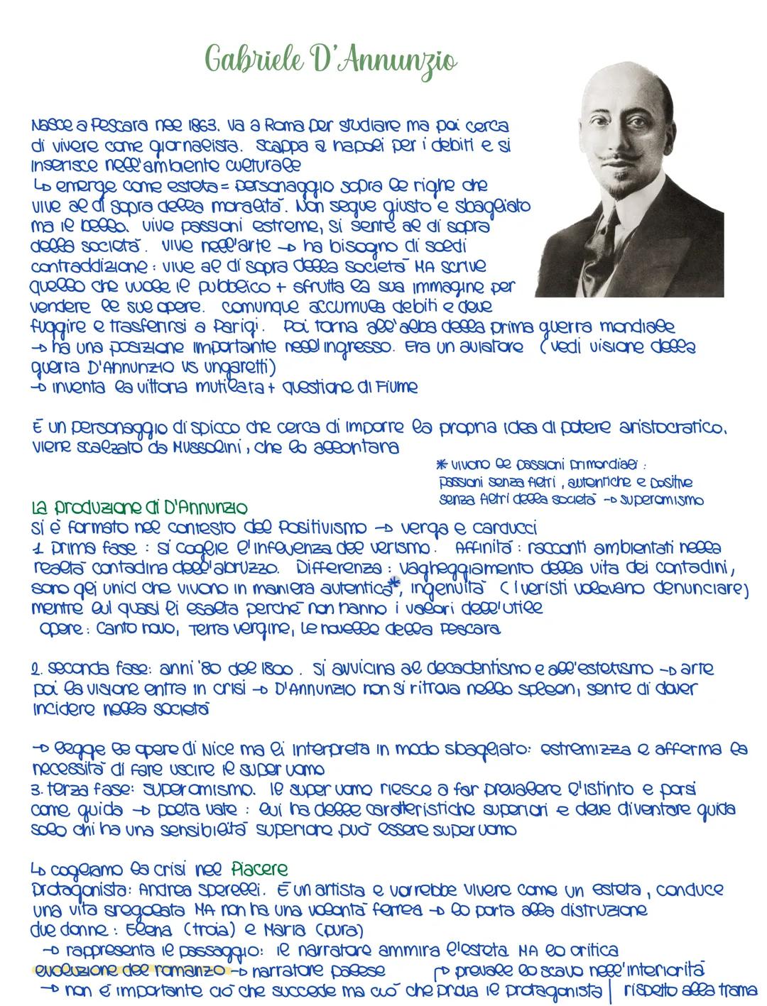 # Gabriele D'Annunzio

Nasce a Pescara nee 1863. va a Roma per studiare ma poi cerca
di vivere come giornalista. scappa a napoli per i debit