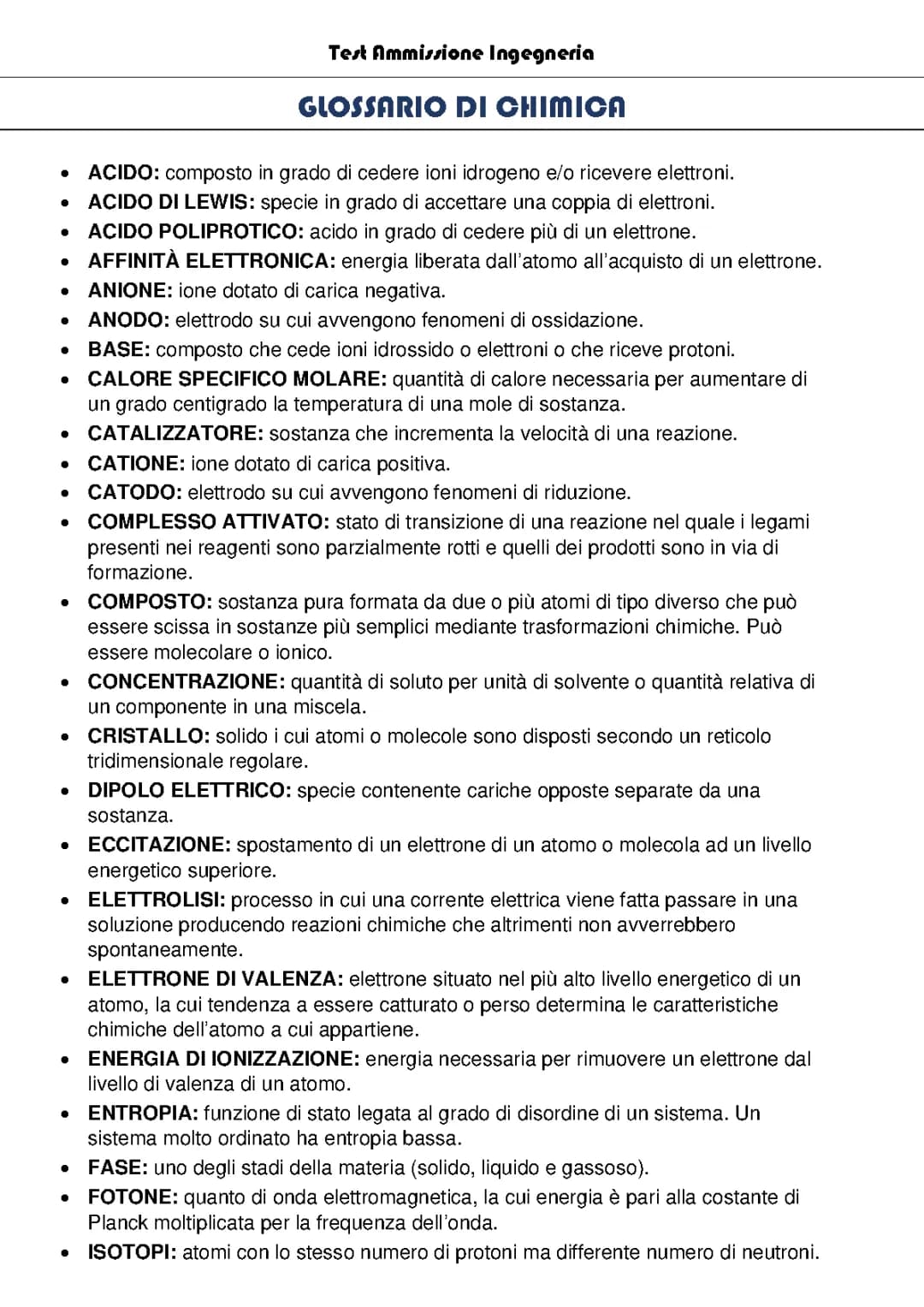 GLOSSARIO CHIMICA TEST TOLC INGEGNERIA