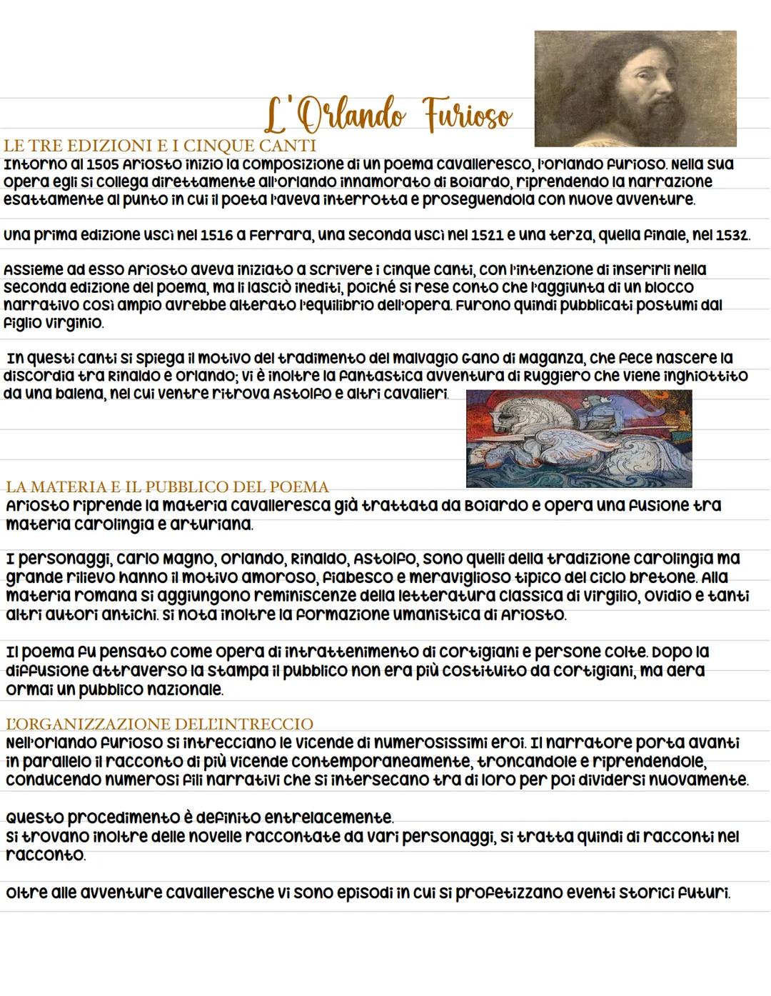 L'Orlando Furioso
LE TRE EDIZIONI E I CINQUE CANTI
Intorno al 1505 Ariosto inizio la composizione di un poema cavalleresco, l'orlando furios