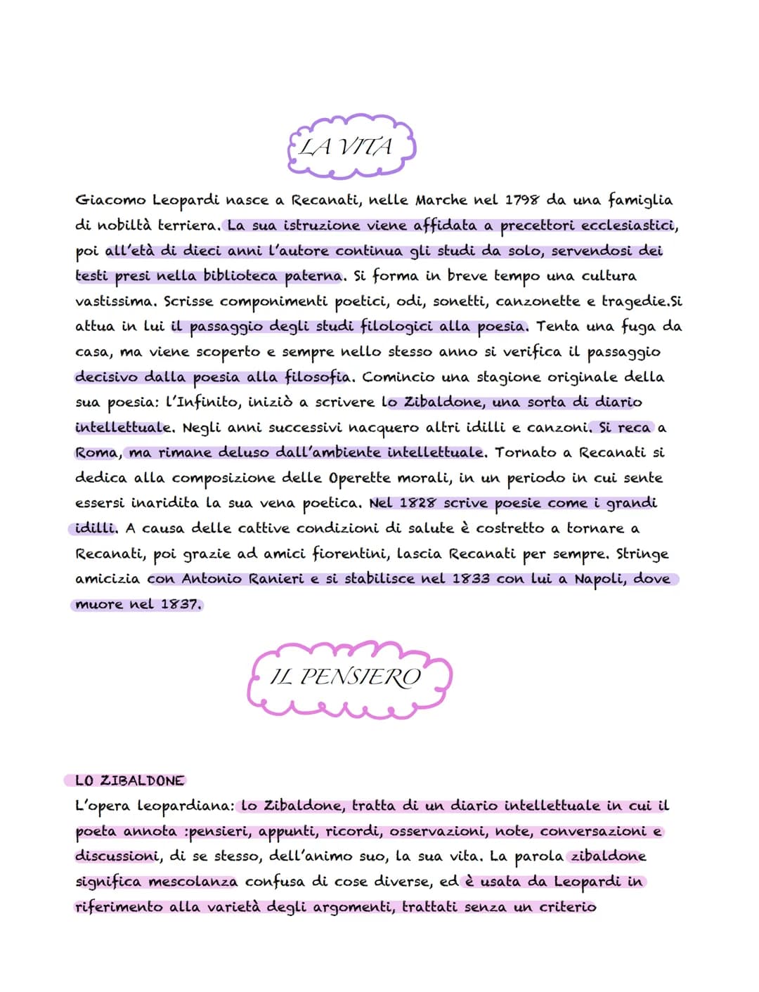 LA VITA.
Giacomo Leopardi nasce a Recanati, nelle Marche nel 1798 da una famiglia
di nobiltà terriera. La sua istruzione viene affidata a pr