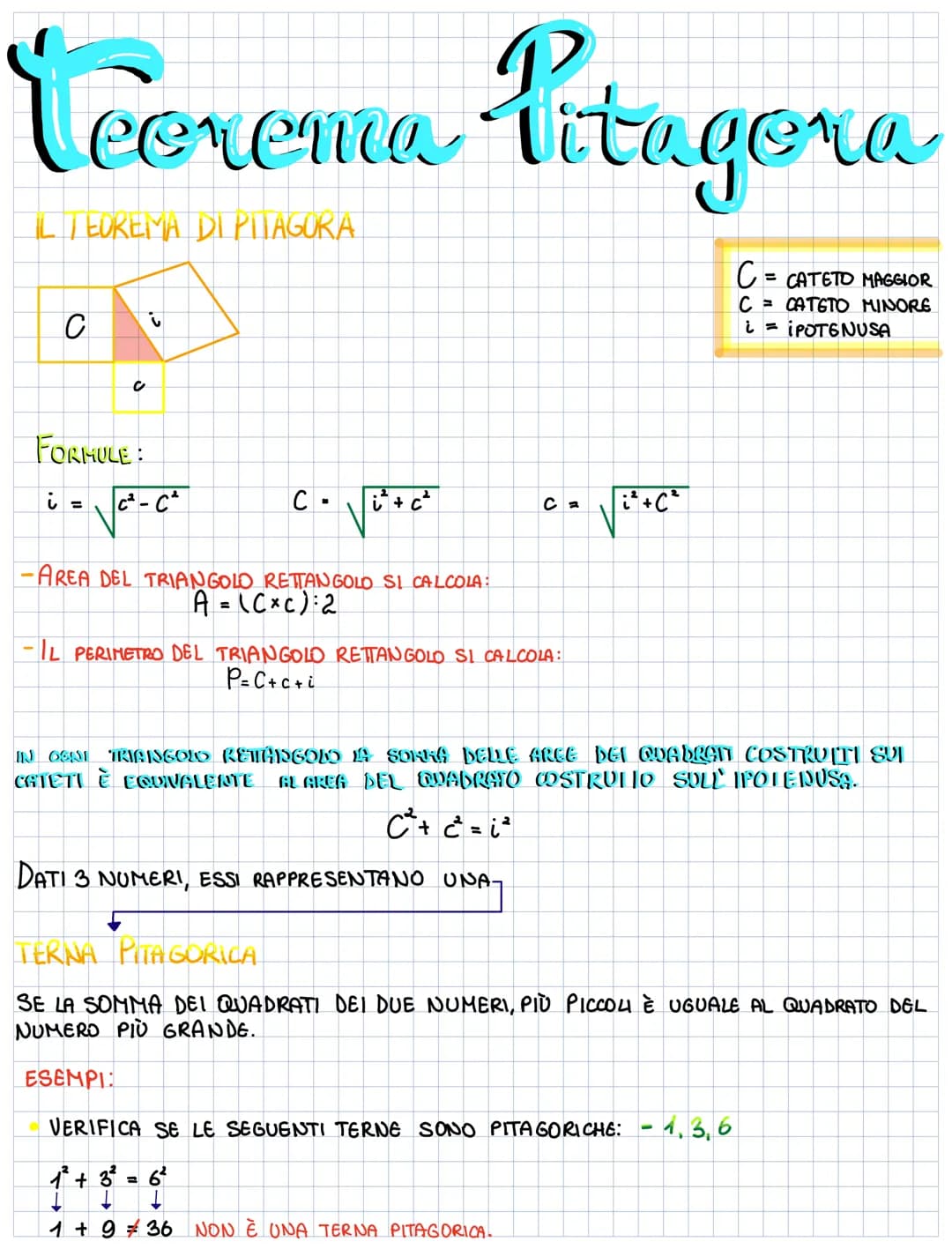 Teorema Pitagora
IL TEOREMA DI PITAGORA
C i
FORMULE :
i = c².
C-
i²+ c²
-AREA DEL TRIANGOLO RETTANGOLD SI CALCOLA:
A = (CxC): 2
Са
-IL PERIM