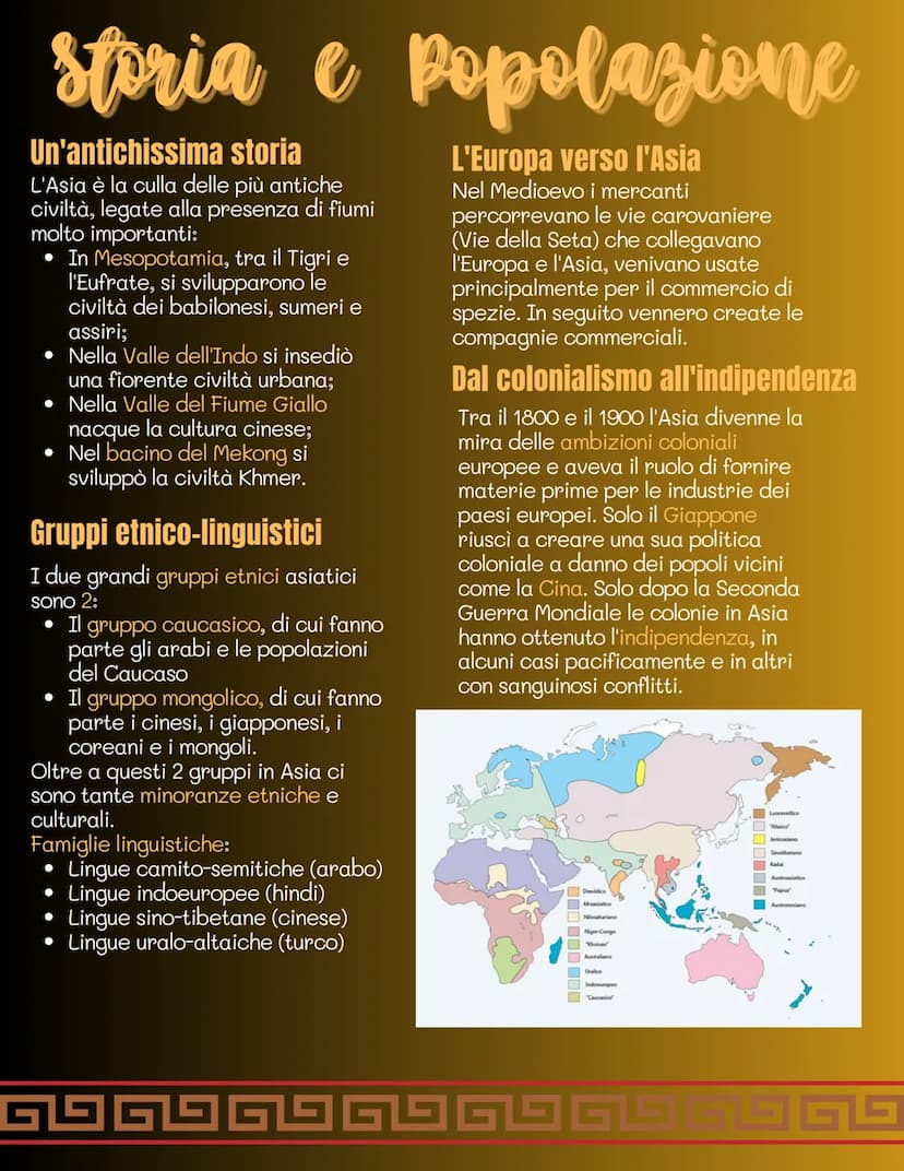 Territorio
L'Asia è il continente più vasto del
pianeta, ed è compresa quasi
interamente nell'emisfero boreale.
Confini
L'Asia confina a est