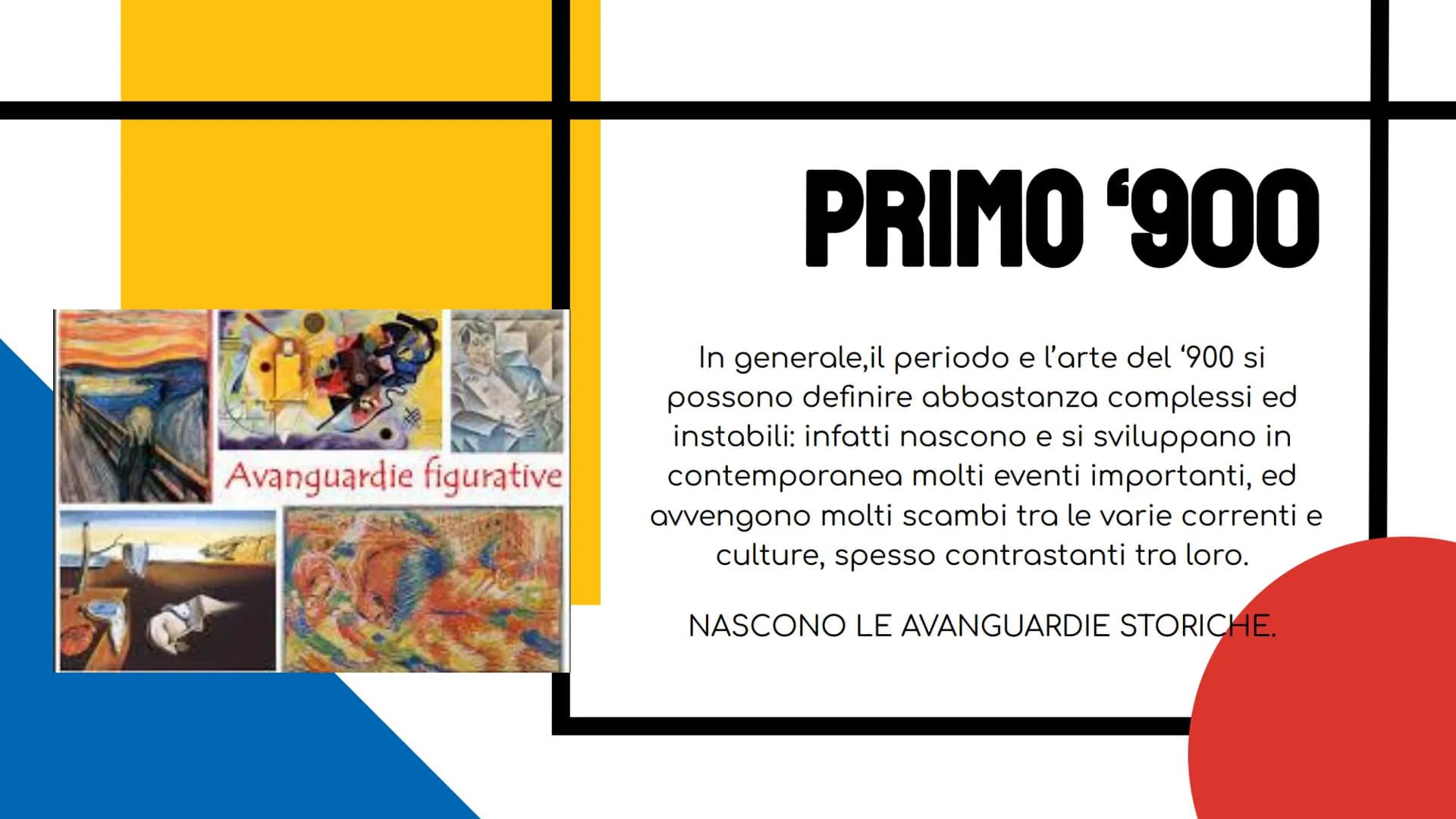 Avanguardie figurative

PRIMO '900

In generale,il periodo e l'arte del '900 si
possono definire abbastanza complessi ed
instabili: infatti 