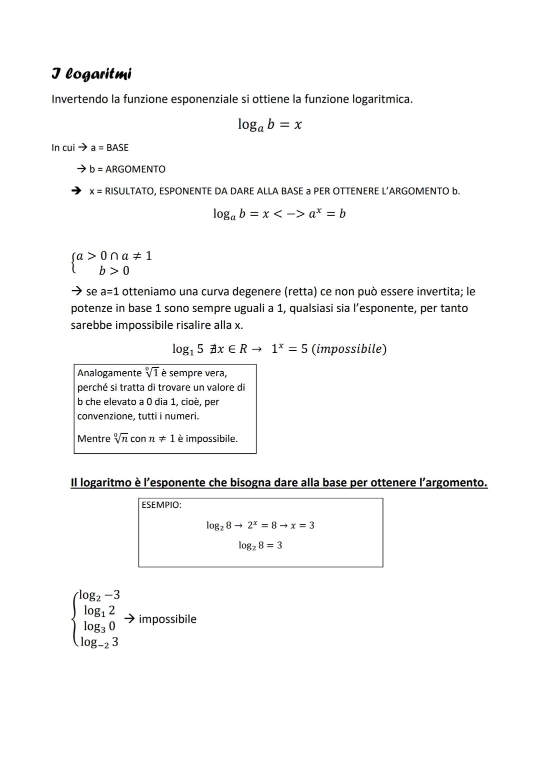 I logaritmi
Invertendo la funzione esponenziale si ottiene la funzione logaritmica.
loga b = x
In cui → a= BASE
⇒b= ARGOMENTO
x = RISULTATO,