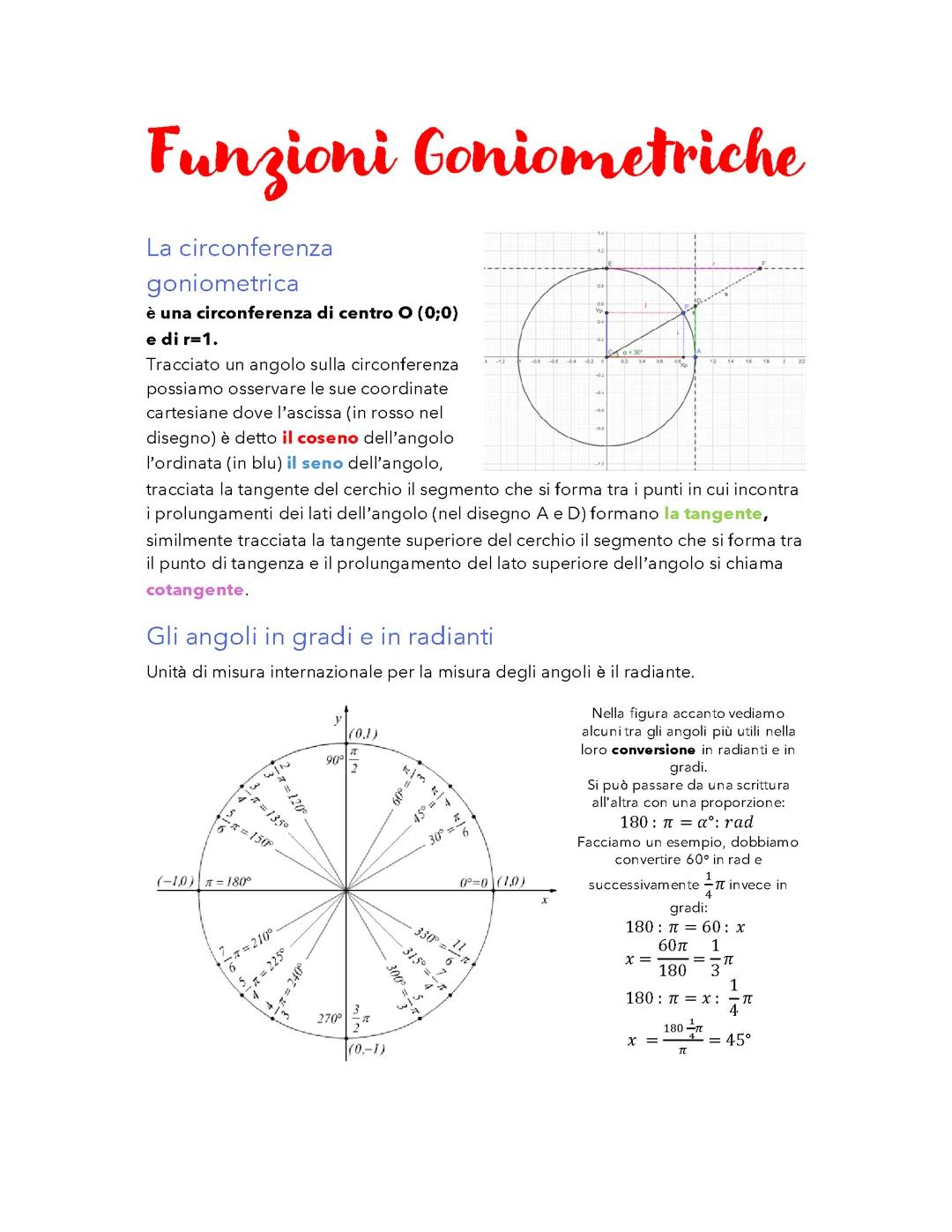 Funzioni Goniometriche: Seno, Coseno, Tangente e Cotangente